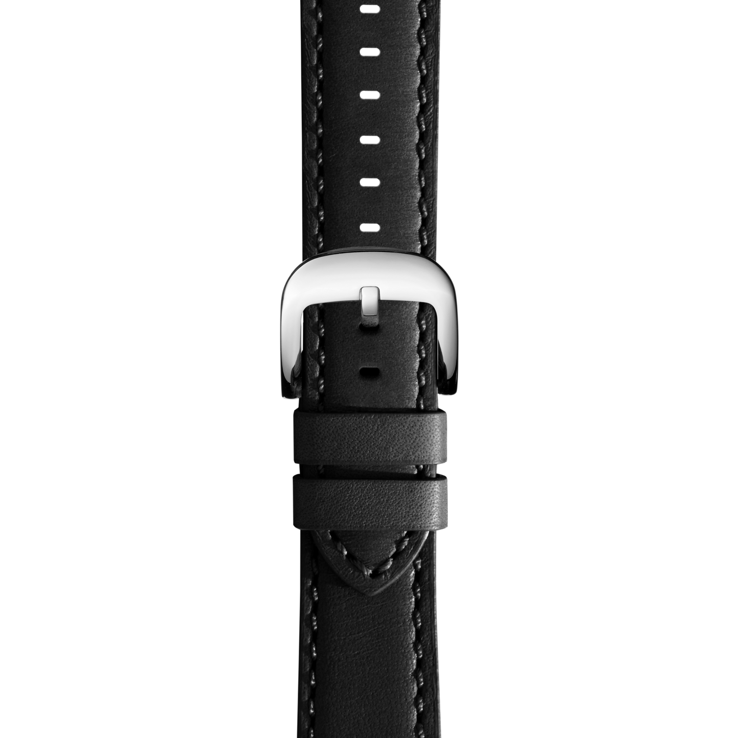 Close-up of the Shinola 18mm Black Leather Strap featuring white stitching and a silver buckle, displayed vertically on a plain white background.
