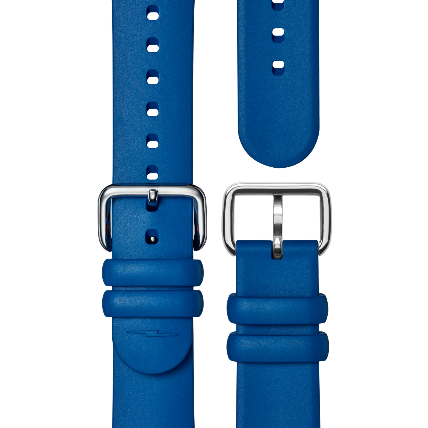 Two blue Shinola Detrola Watch straps with silver buckles are displayed on a white background. One strap has multiple adjustment holes; the other is plain. Both have rounded ends and smooth, modern surfaces inspired by art watches.