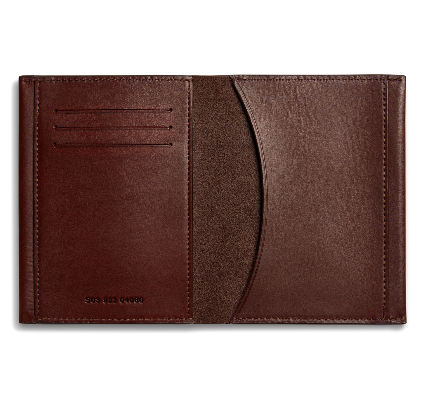 The Shinola Passport Holder - Merlot, shown on a plain white background, features three card slots on the left and a large curved pocket on the right—an elegant travel essential crafted from supple leather.