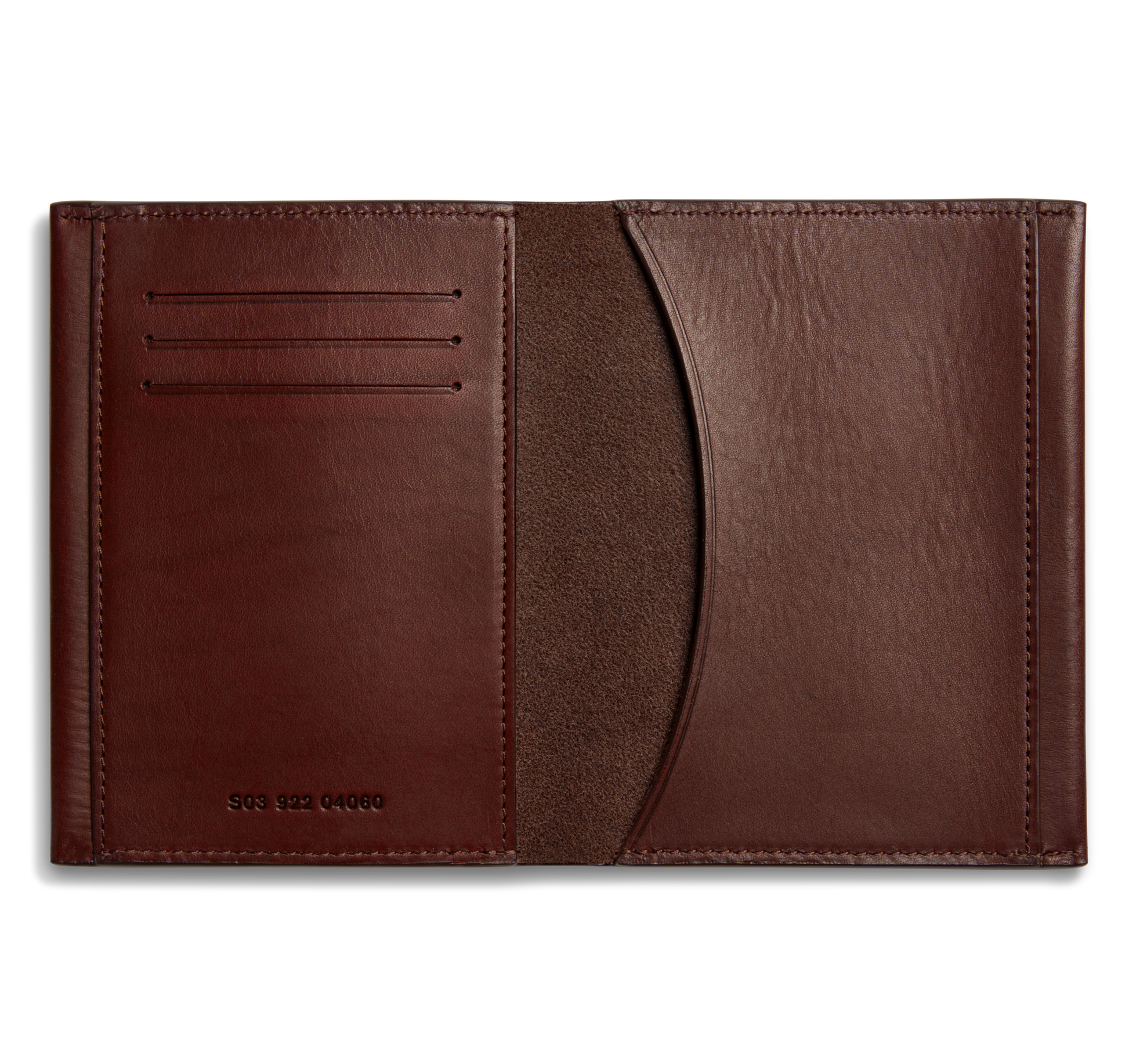 The Shinola Passport Holder - Merlot, shown on a plain white background, features three card slots on the left and a large curved pocket on the right—an elegant travel essential crafted from supple leather.