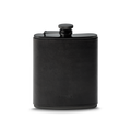 A Shinola Leather Wrapped Flask in black, featuring a screw-on cap and discreet branding near the base, is displayed against a plain white background.