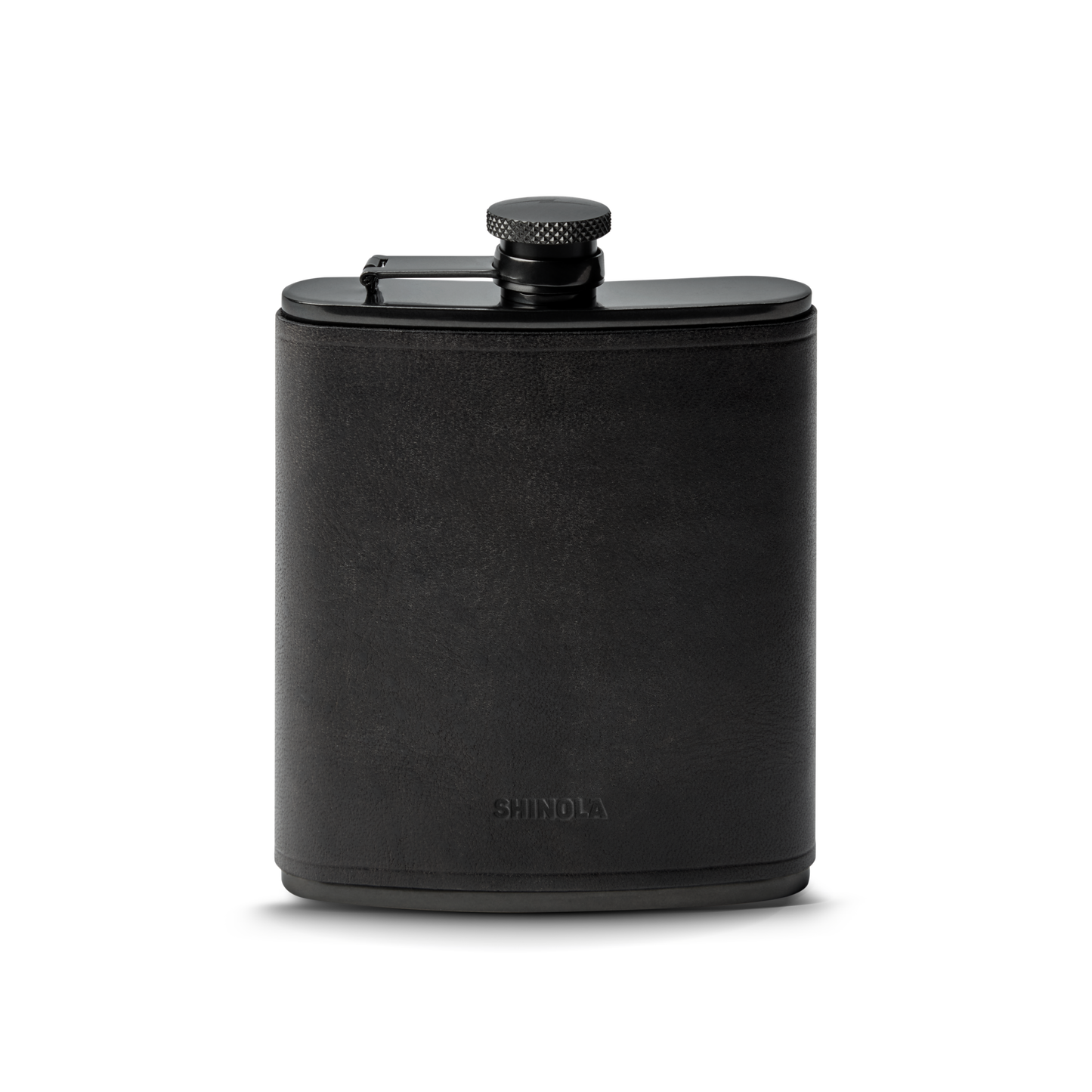 A Shinola Leather Wrapped Flask in black, featuring a screw-on cap and discreet branding near the base, is displayed against a plain white background.