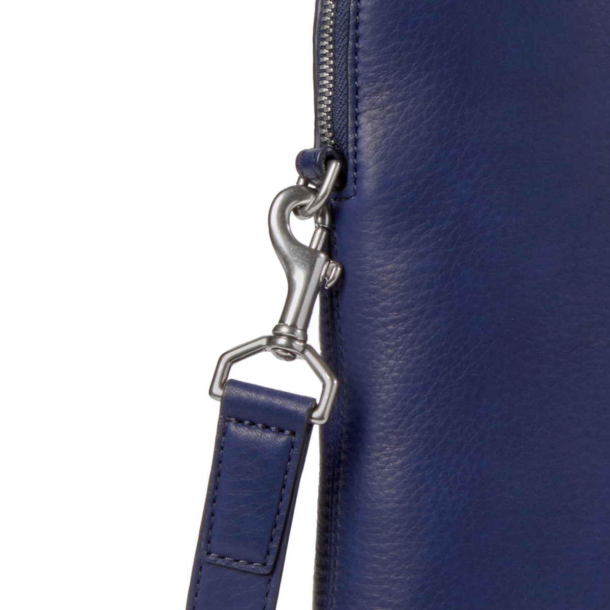 Close-up of a silver metal swivel clasp securing a blue European grain leather strap to the Shinola Portfolio Briefcase - Lake, with its matching leather and visible edge zipper.