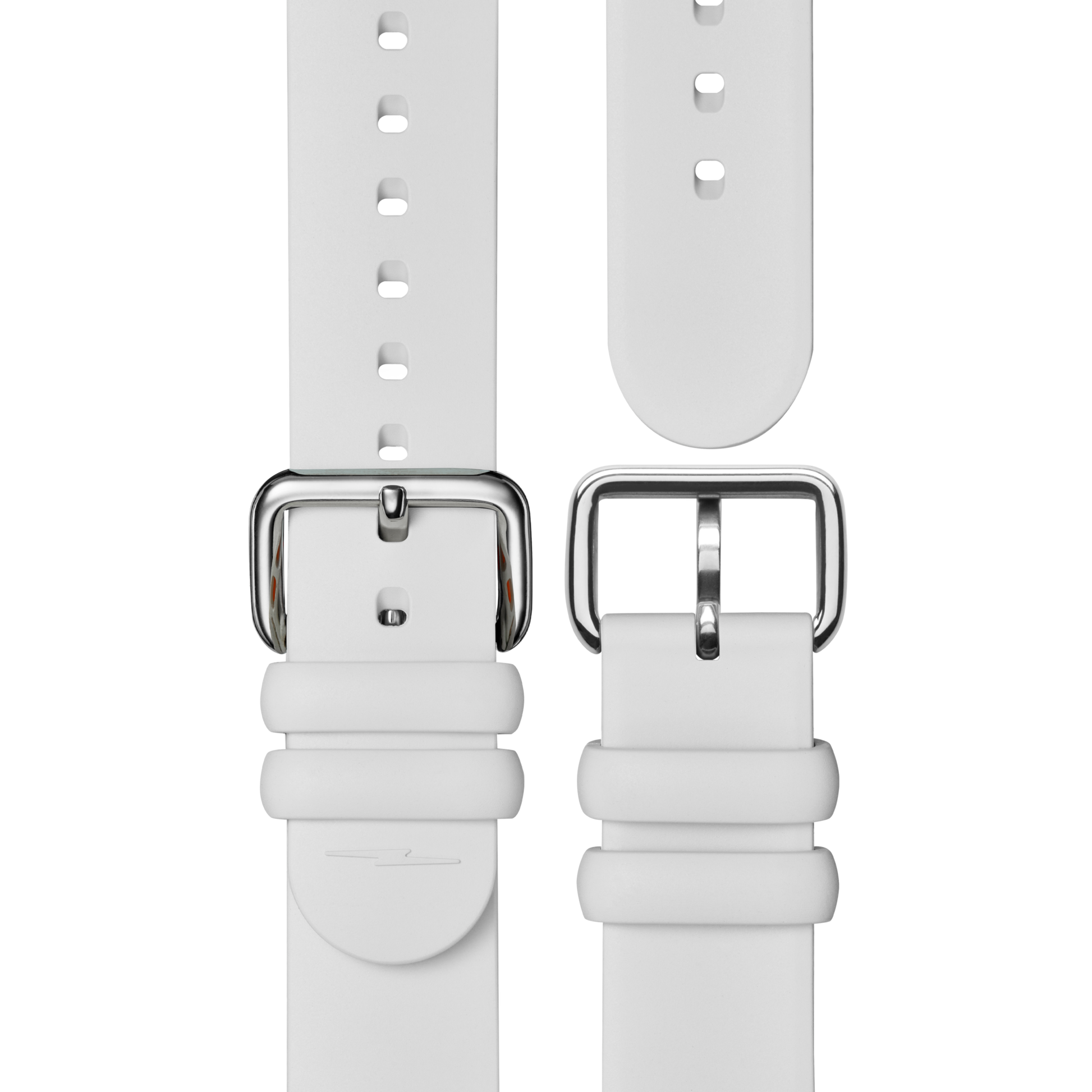 Two nude Detrola watch straps by Shinola with silver buckles are side by side on a white background. Each strap has multiple adjustment holes and two loops to secure the loose end, showcasing classic American style.