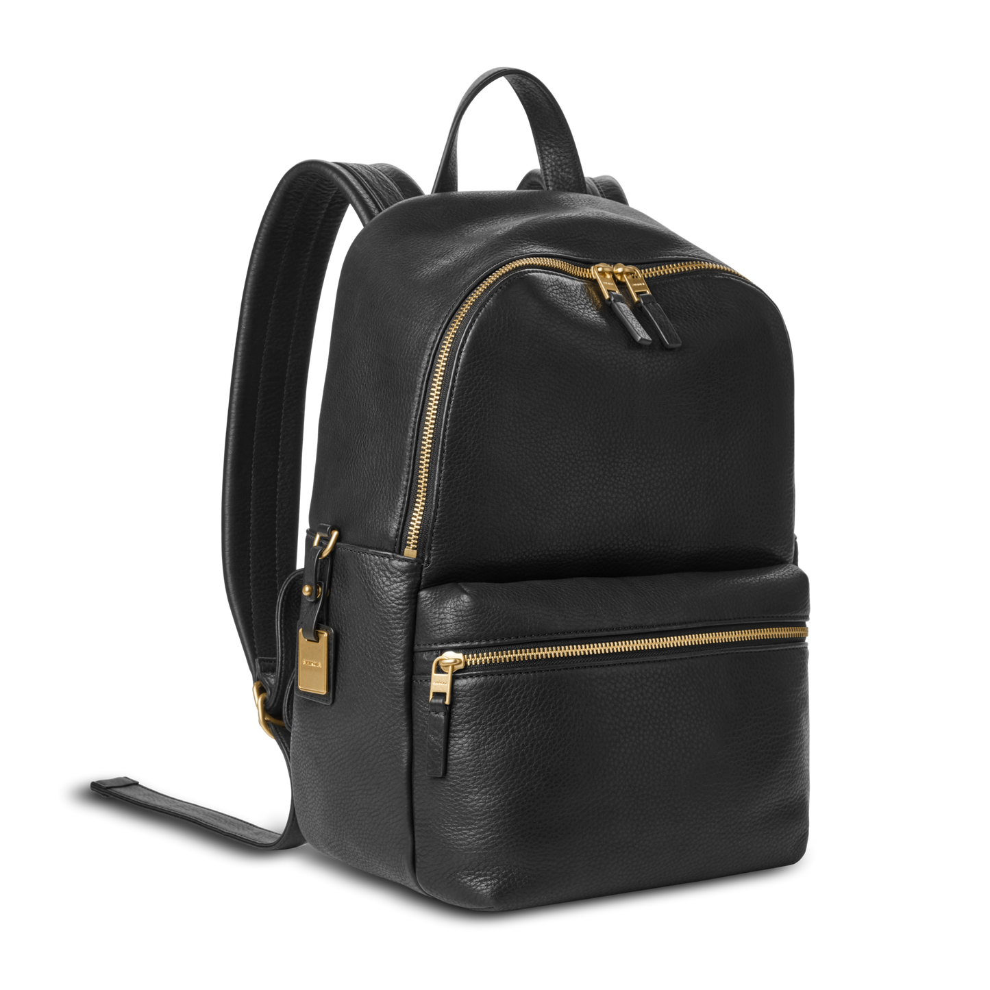The Shinola Small Runwell Backpack - Black is a compact bag in black Natural Grain Leather with gold zippers and hardware, a front zip pocket, and top handle, shown against a plain white background.