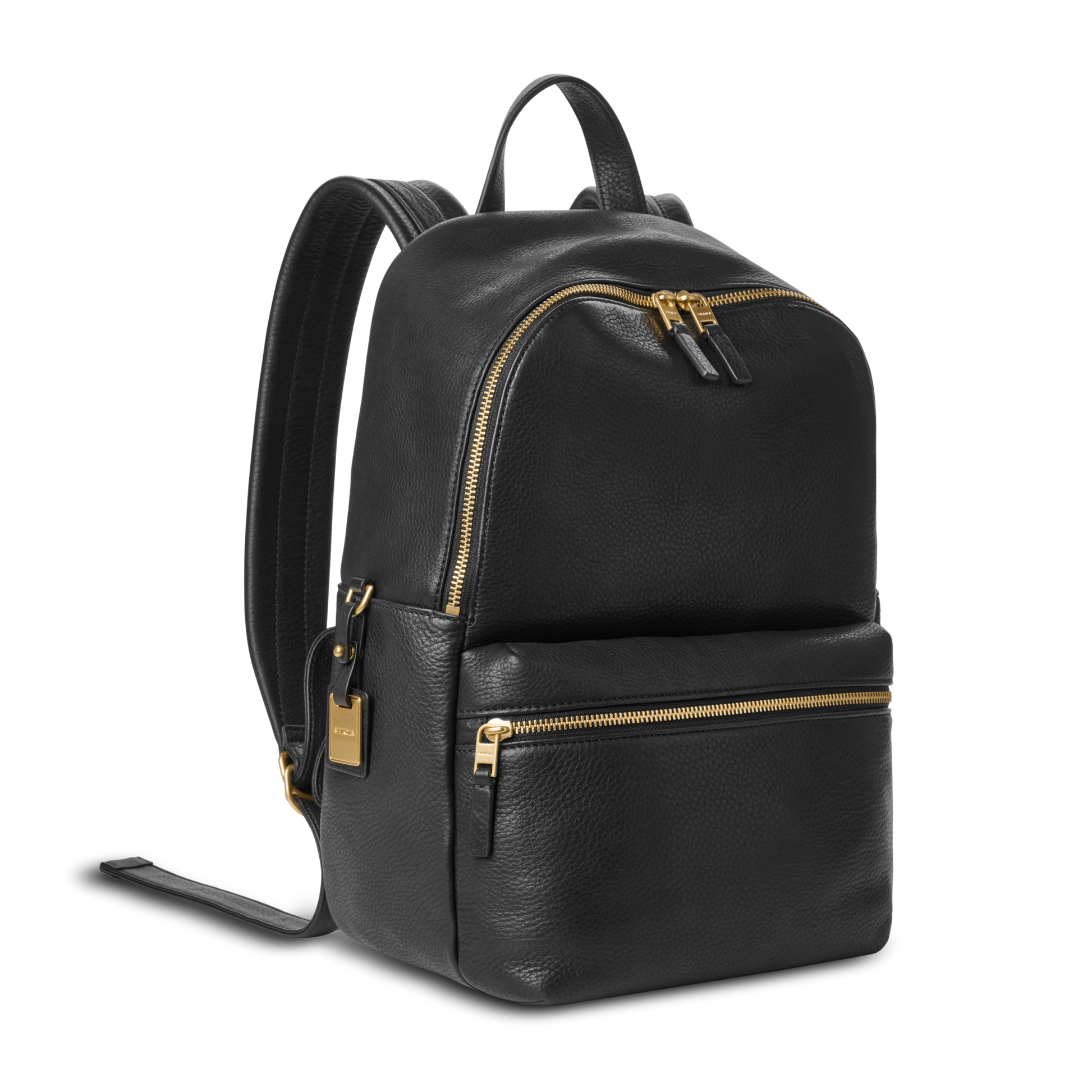 The Shinola Small Runwell Backpack - Black is a compact bag in black Natural Grain Leather with gold zippers and hardware, a front zip pocket, and top handle, shown against a plain white background.