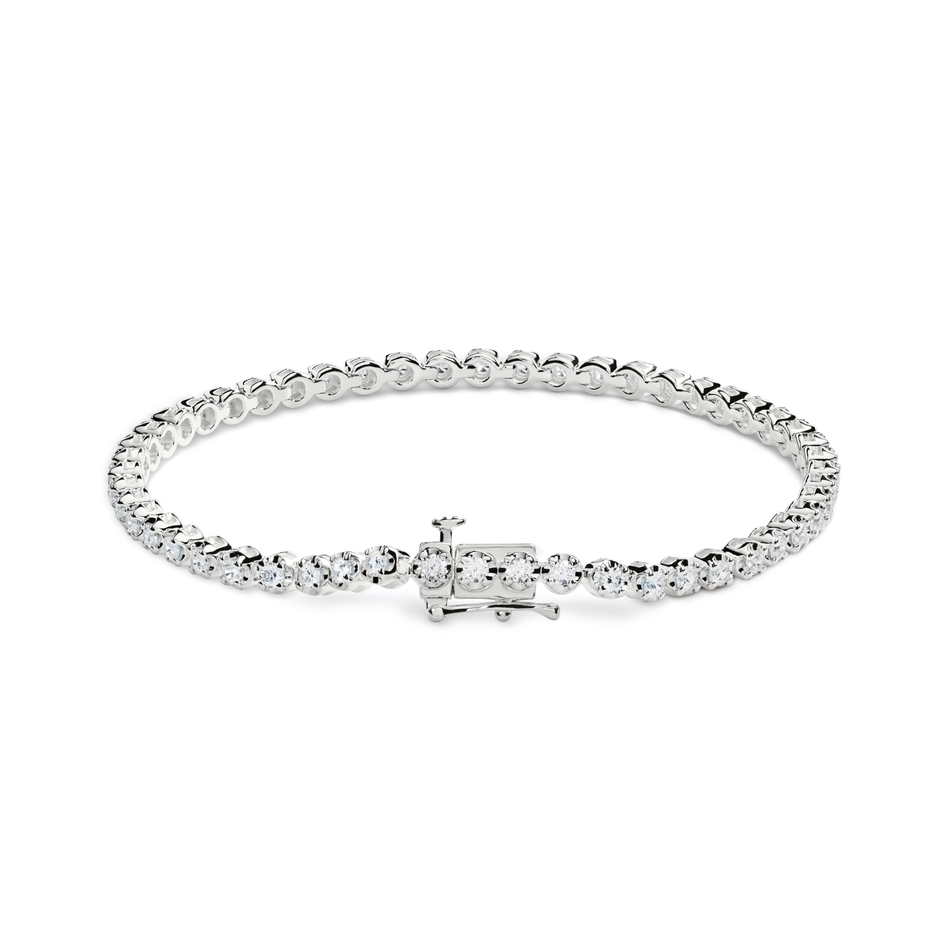 The Shinola 1.84 Carat 6.5" Diamond Tennis Bracelet in white gold features a single row of brilliant diamonds and a secure clasp, shown against a plain white background.