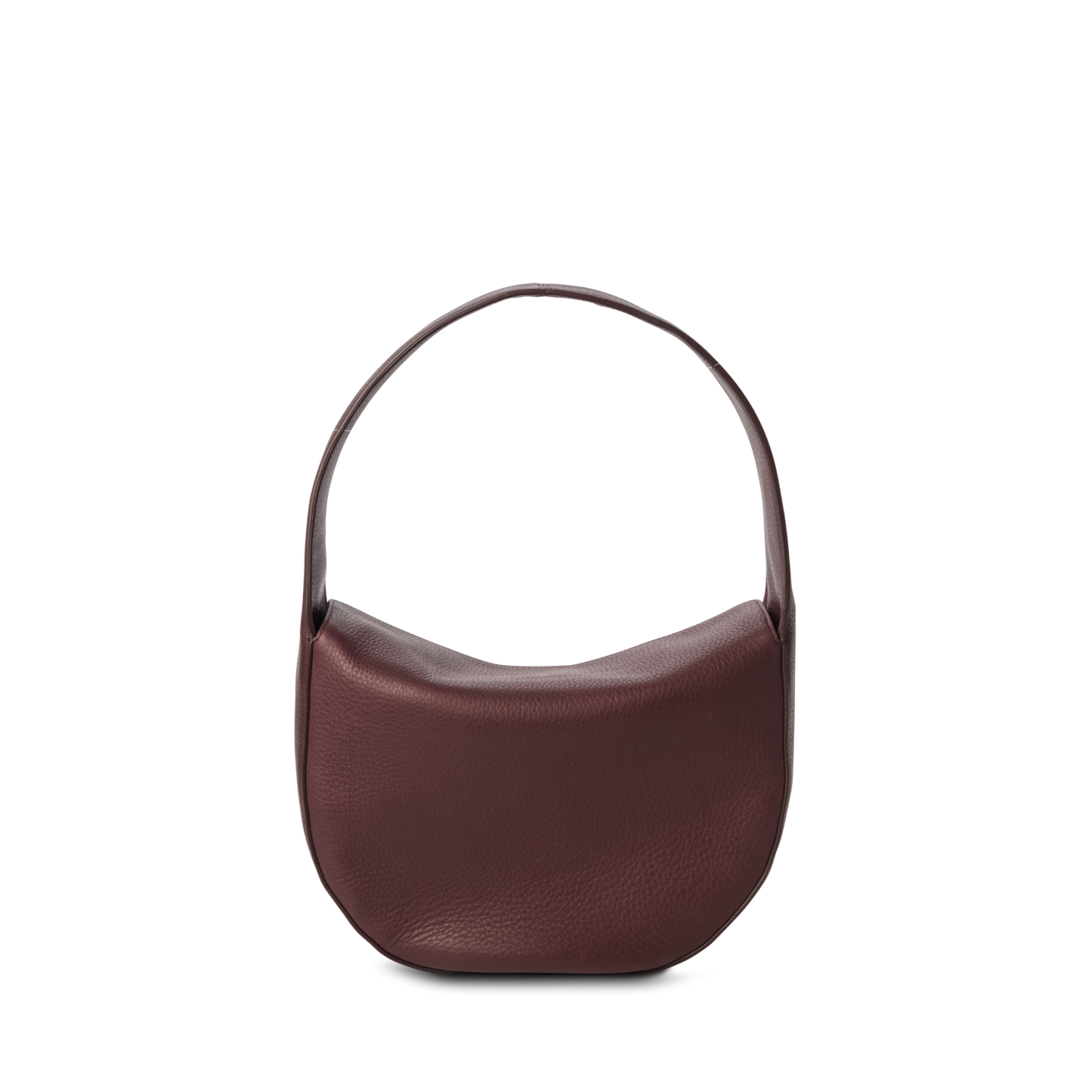 The Shinola Small Shoulder Bag - Merlot is a dark burgundy, rounded small shoulder bag made from natural grain leather with a single curved strap, shown against a plain white background.