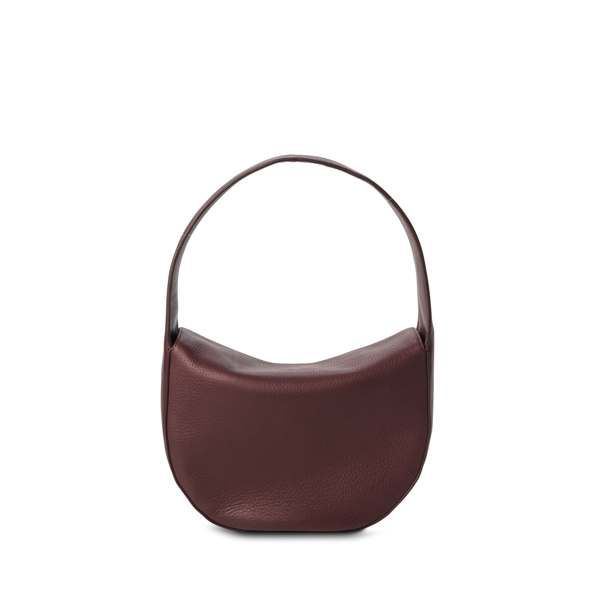 The Shinola Small Shoulder Bag - Merlot is a dark burgundy, rounded small shoulder bag made from natural grain leather with a single curved strap, shown against a plain white background.