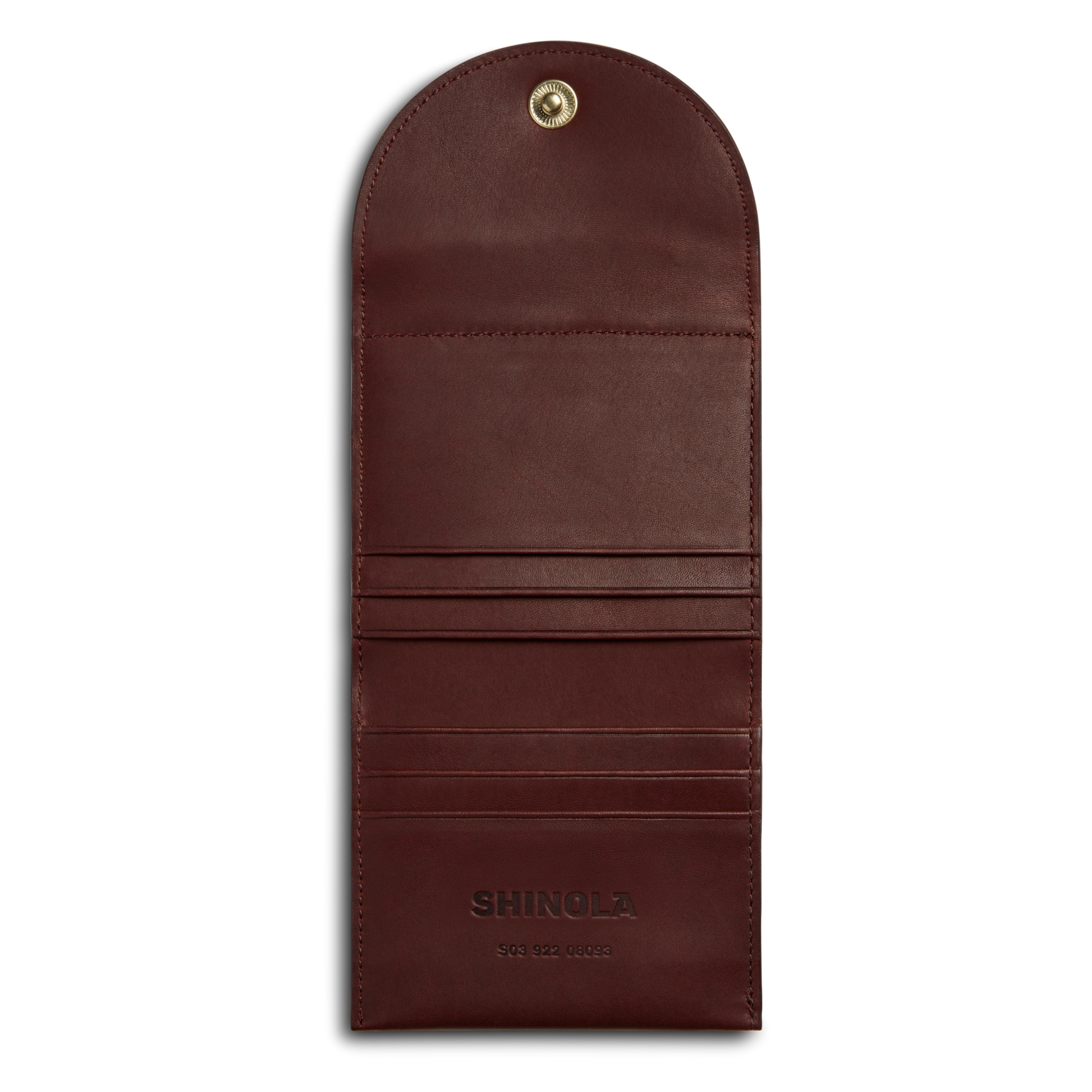 The Shinola Birdy Small Snap Wallet in Merlot features a snap button flap, multiple card slots, and the brand’s name embossed at the bottom. Shown open against a white background.
