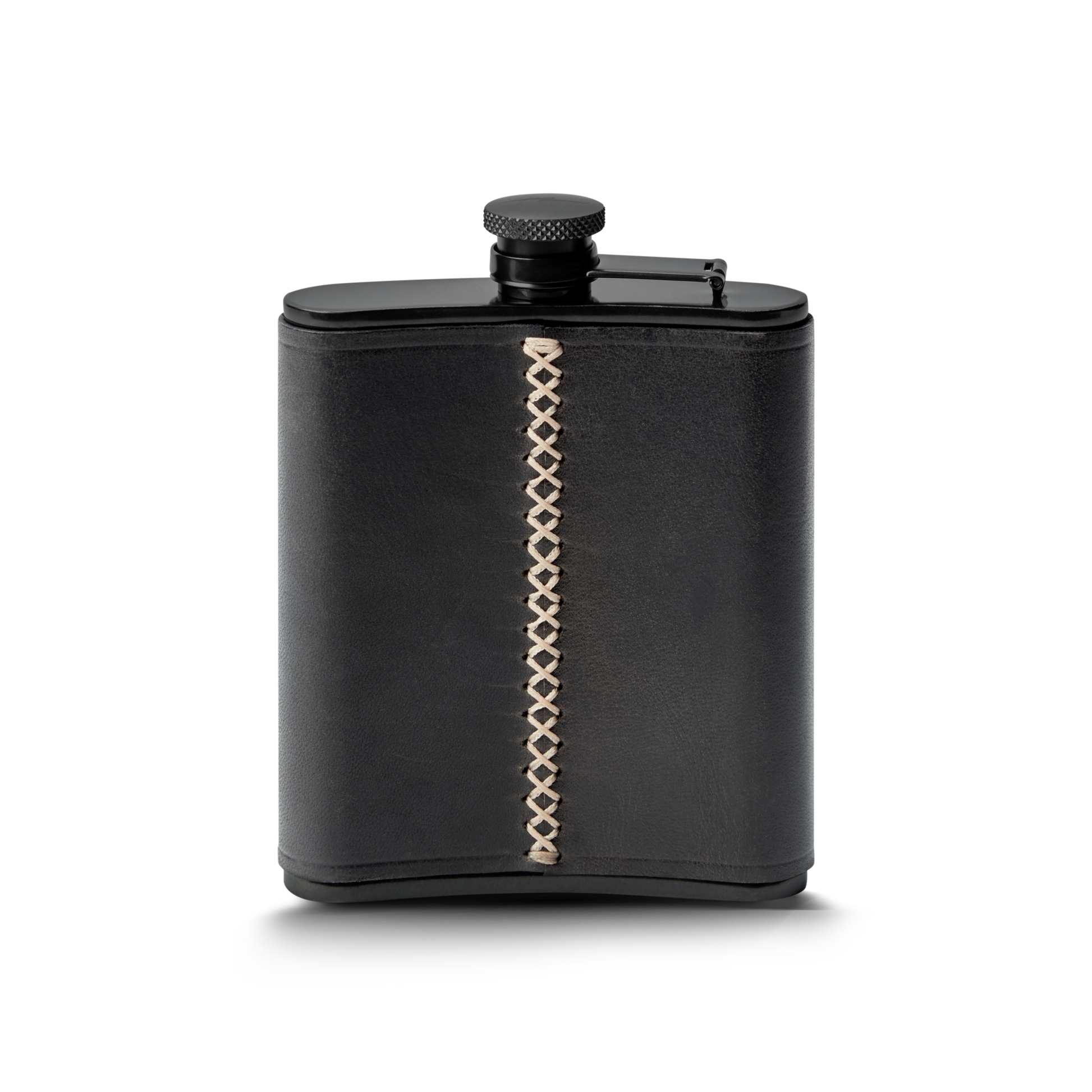 The Shinola Leather Wrapped Flask - Black features a black stainless steel body with a black screw cap and vertical light stitching—perfect for stylish sips.