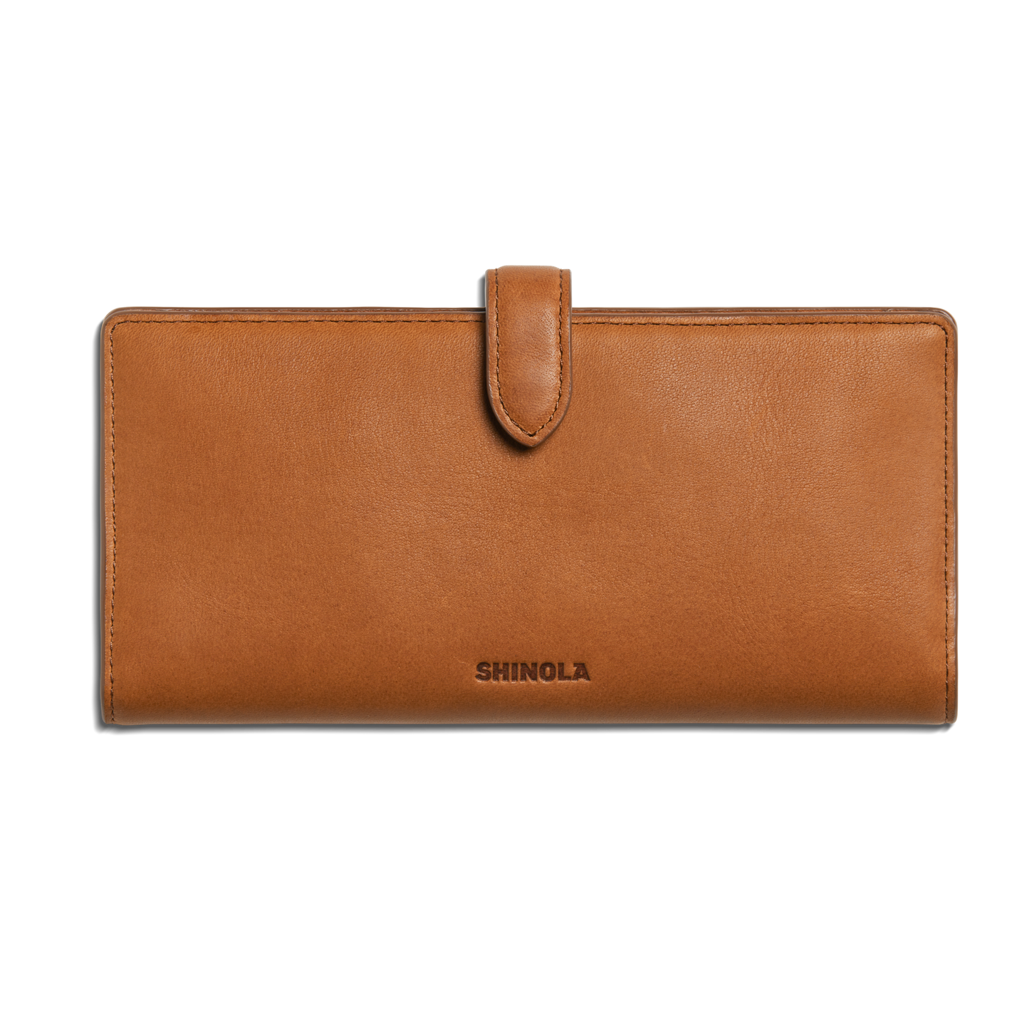 The Shinola Continental Snap Wallet - Tan features natural leather, a top center snap closure tab, and the brand embossed near the bottom, displayed on a white background.