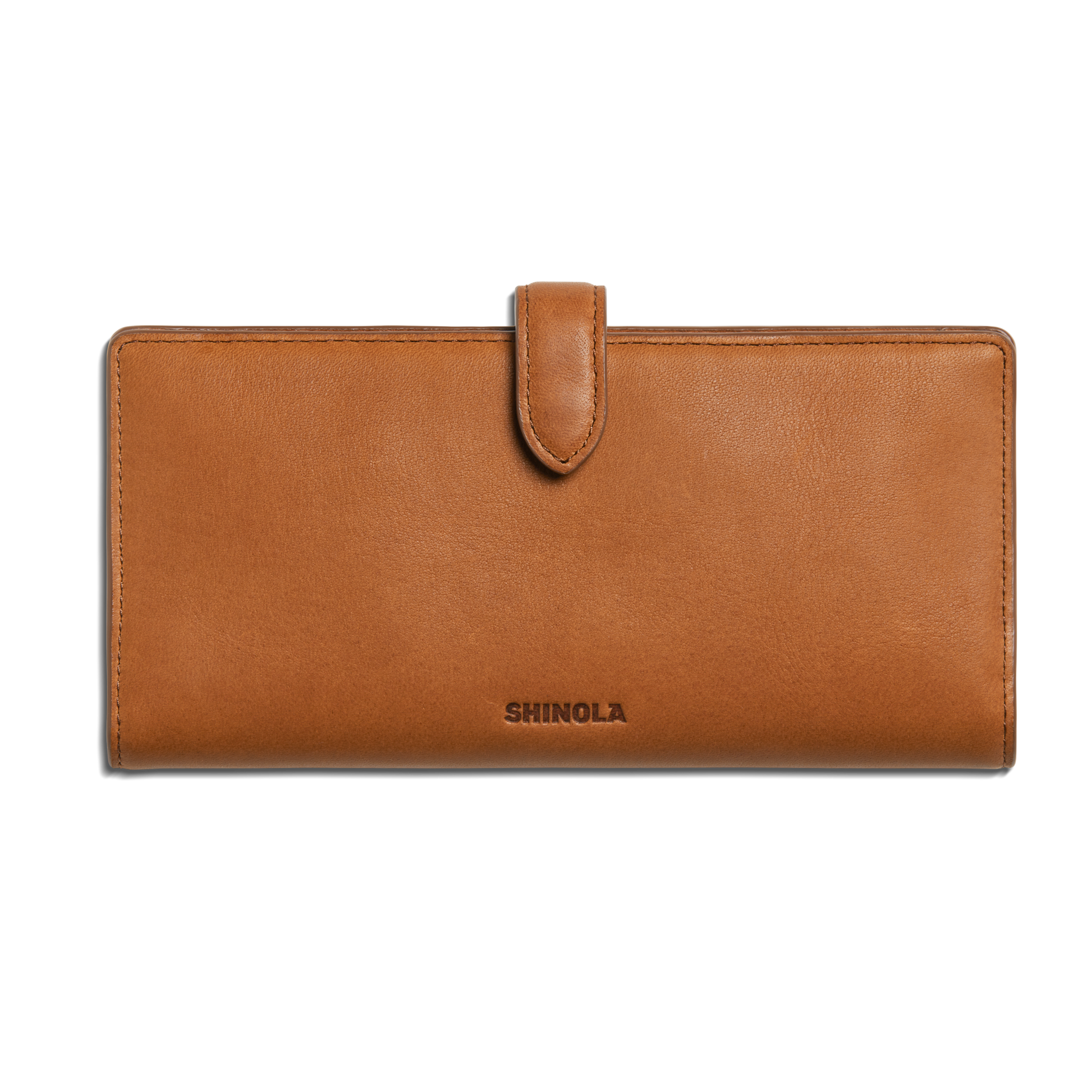 The Shinola Continental Snap Wallet - Tan features natural leather, a top center snap closure tab, and the brand embossed near the bottom, displayed on a white background.