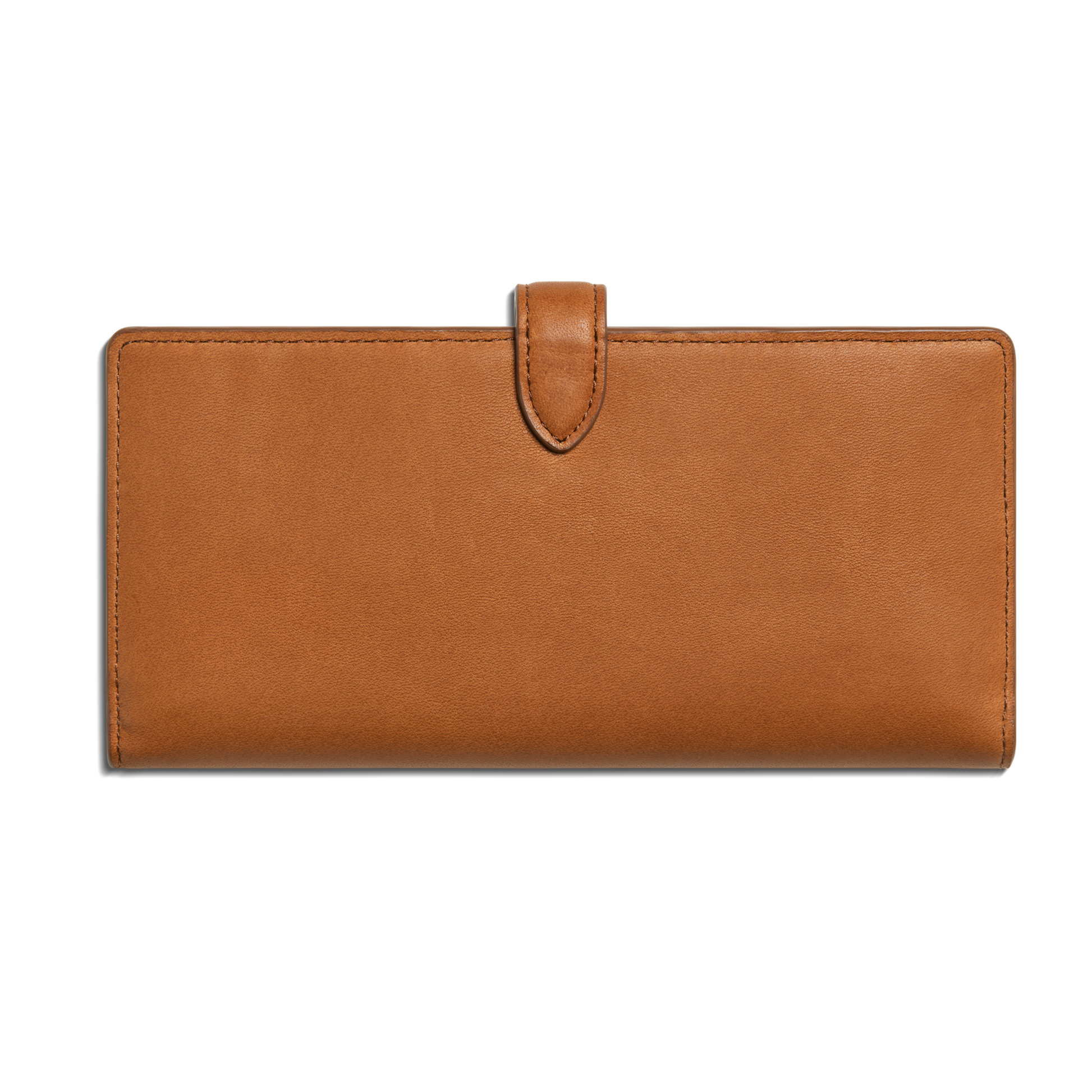 The Shinola Continental Snap Wallet - Tan is a slim natural leather wallet with a brown exterior and snap closure tab, shown against a plain white background.
