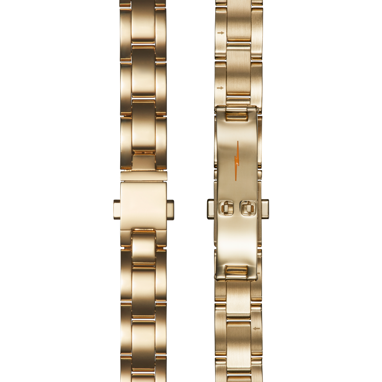 Two Shinola Bracelet: 14/10, Universal 3Link, Butterfly A, PoPG - Polished PVD Gold bands are shown side by side on a white background—one with the clasp closed and one open—highlighting their polished linked design.