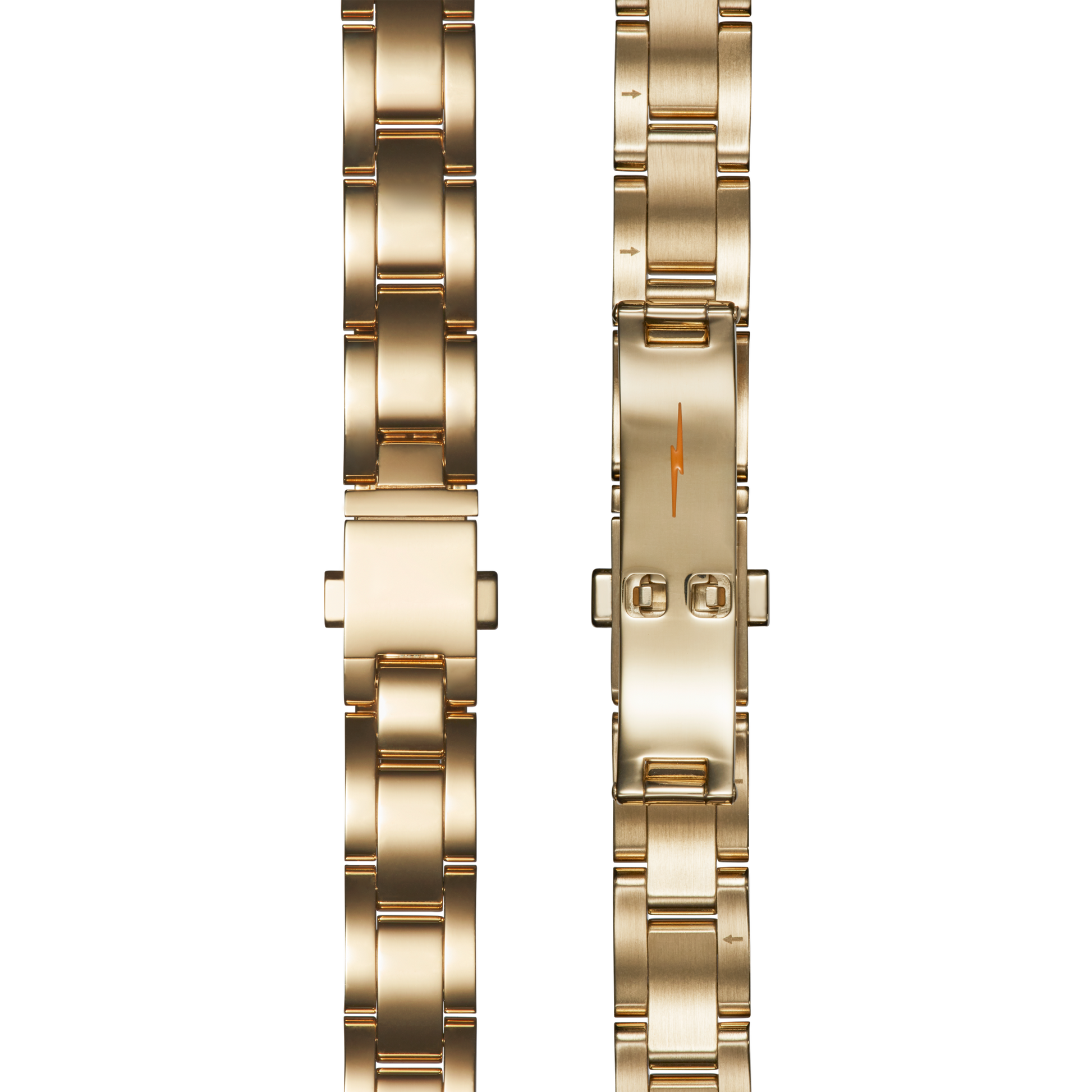 Two Shinola Bracelet: 14/10, Universal 3Link, Butterfly A, PoPG - Polished PVD Gold bands are shown side by side on a white background—one with the clasp closed and one open—highlighting their polished linked design.