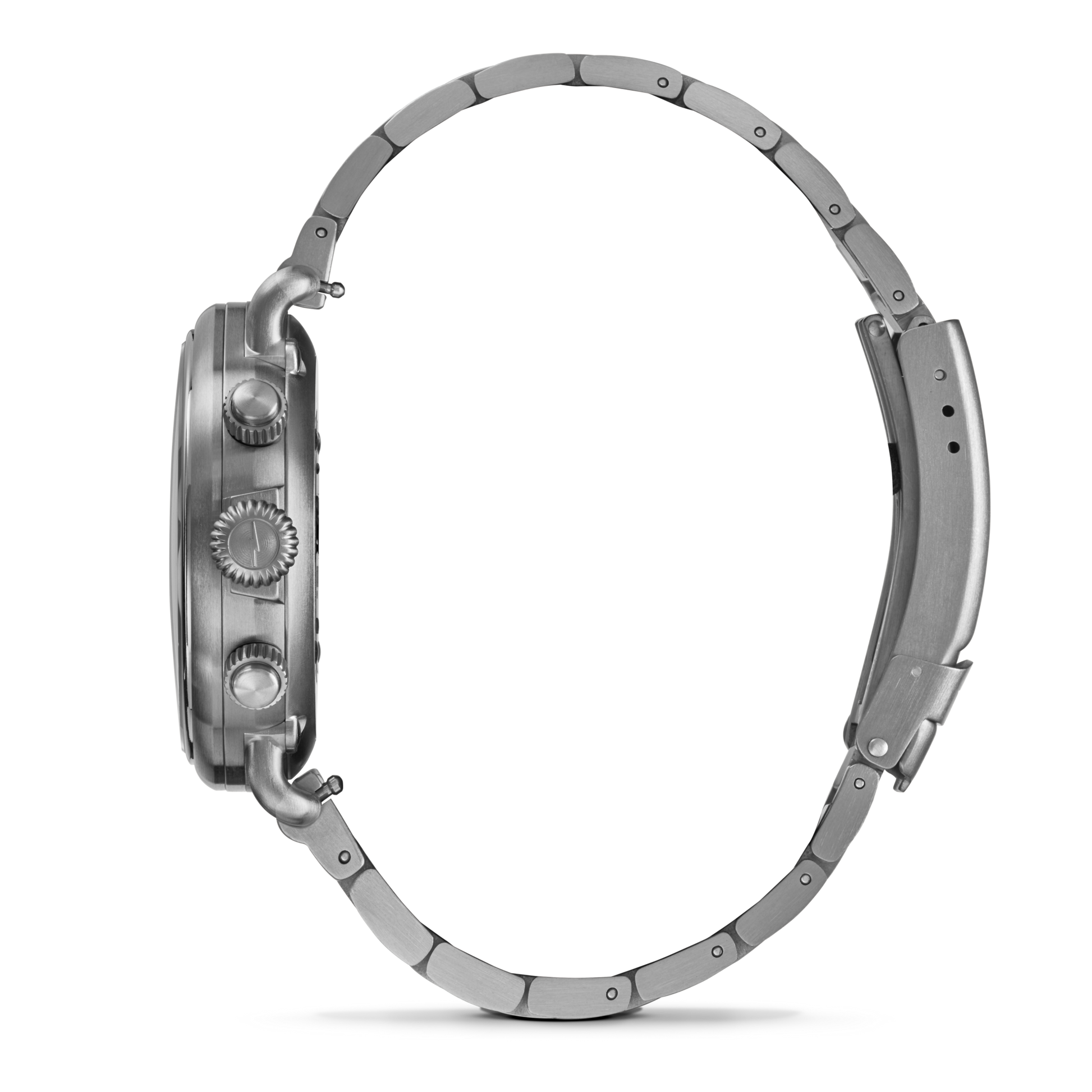 Side view of the Shinola Runwell Chronograph West Wind Watch Gift Set with Additional Strap - Black, featuring a metal link band, two push buttons, and a ridged crown against a white background. Water resistant to 20 ATM.