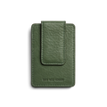 The Shinola Magnetic Money Clip Card Holder - Evergreen is a green RFID-blocking leather wallet with a textured finish, large flap, and S03 922 02025 embossed on the front, shown against a plain white background.
