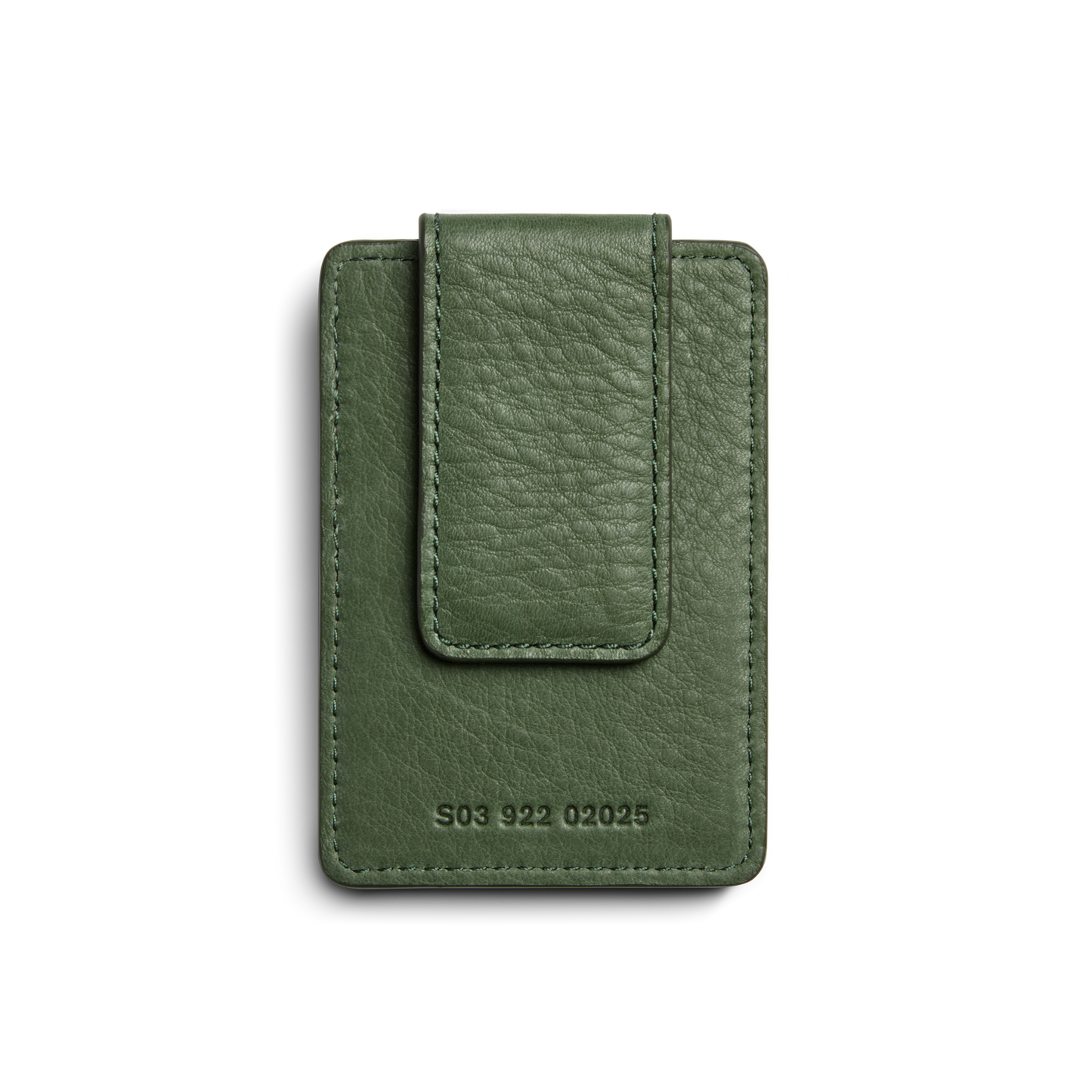 The Shinola Magnetic Money Clip Card Holder - Evergreen is a green RFID-blocking leather wallet with a textured finish, large flap, and S03 922 02025 embossed on the front, shown against a plain white background.