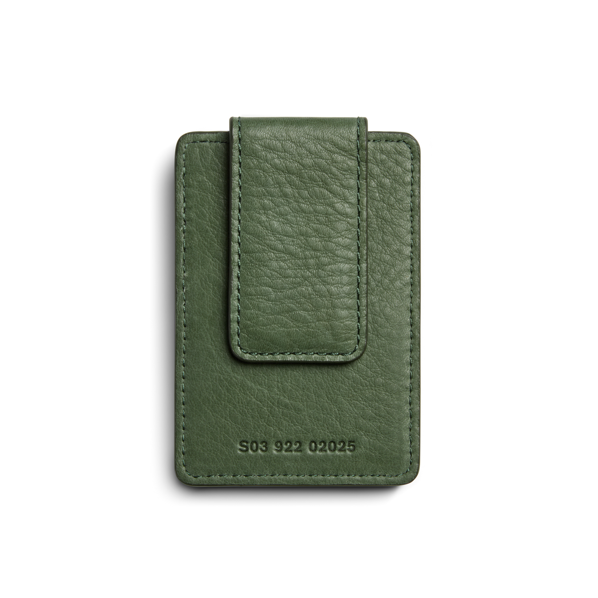 The Shinola Magnetic Money Clip Card Holder - Evergreen is a green RFID-blocking leather wallet with a textured finish, large flap, and S03 922 02025 embossed on the front, shown against a plain white background.