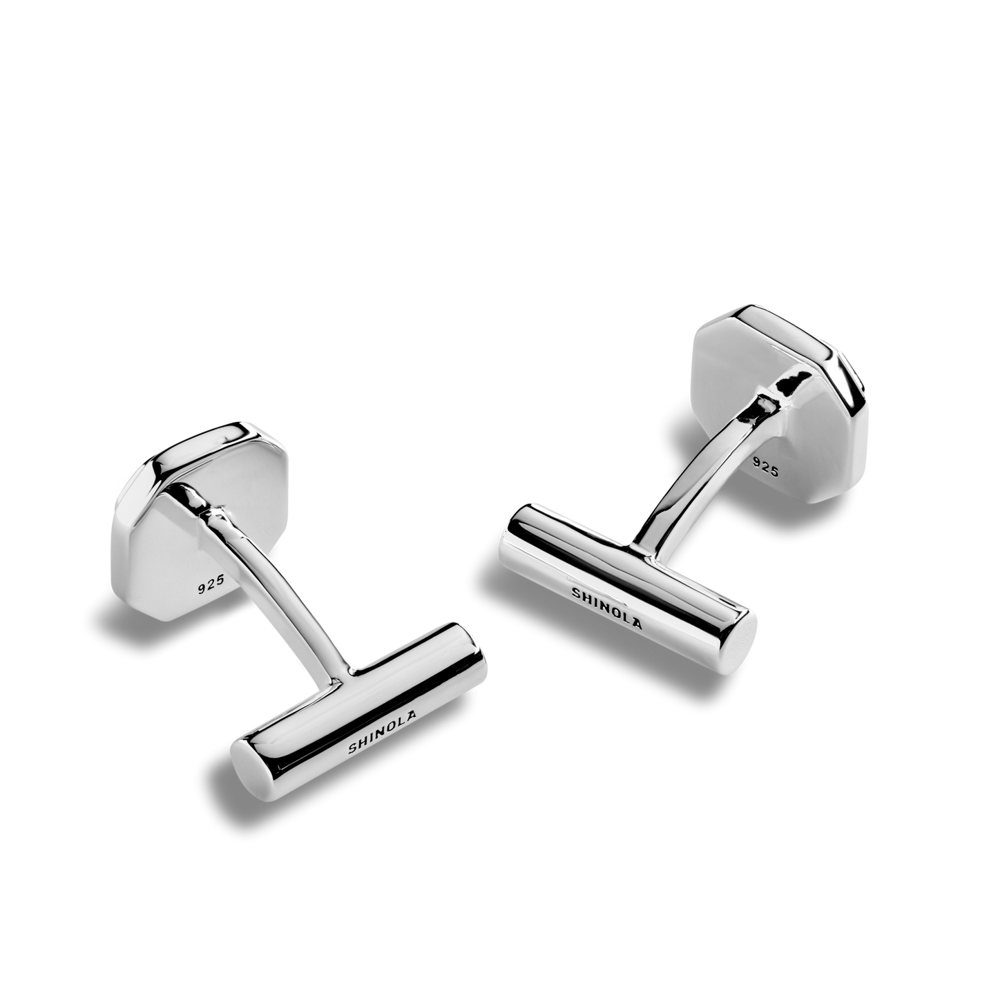 A pair of Shinola Octagonal Cufflinks in polished sterling silver, featuring octagonal faces and T-bar backs engraved with SHINOLA and 925, displayed on a plain white background.