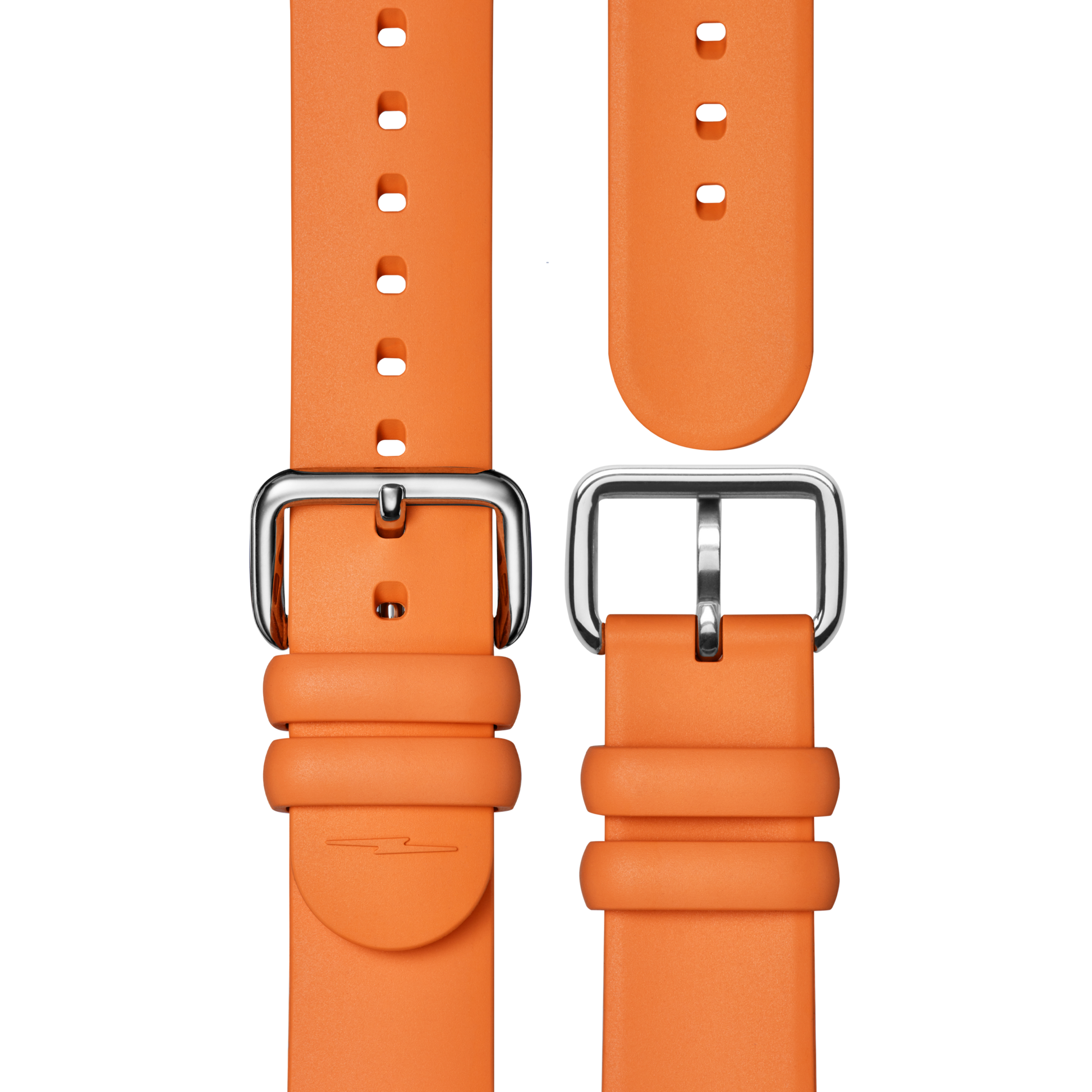 Two aqua green silicone watch straps with silver buckles by Shinola are displayed side by side against a white background. Designed for the Detrola Watch, both feature multiple holes and a sleek, modern style.