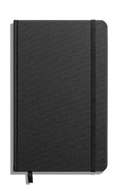 The Shinola Medium Hard Ruled Journal in black features a closed hardcover, Smyth-sewn binding, an elastic band on the right edge, and a black ribbon bookmark, all set against a white background.