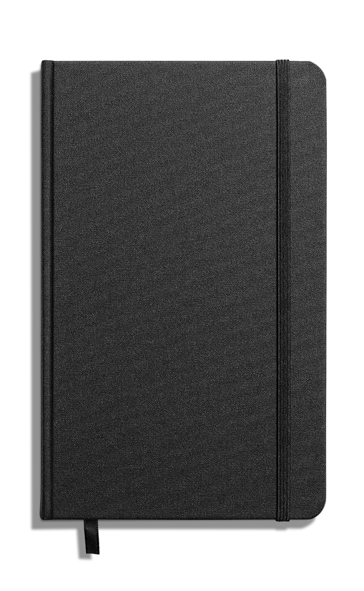 The Shinola Medium Hard Plain Journal in black features a textured linen cover, right-side elastic band, bottom ribbon bookmark, and acid-free paper. Displayed against a white background.