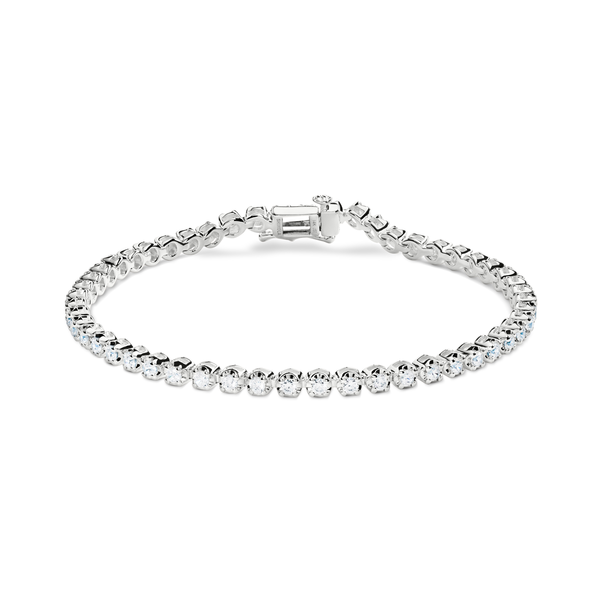The Shinola 2 Carat 7" Diamond Tennis Bracelet in white gold features a single row of brilliant-cut diamonds in symmetrical prongs, shown on a plain white background.