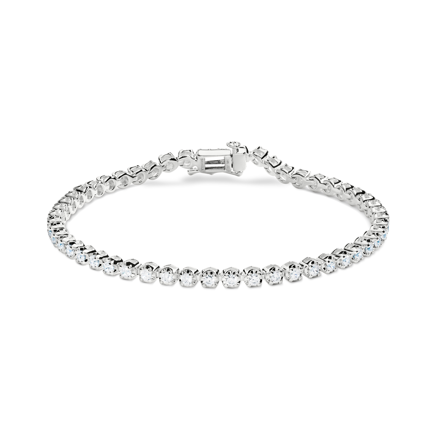 The Shinola 1.84 Carat 6.5" Diamond Tennis Bracelet in white gold features a single row of brilliant cut diamonds and a secure clasp, shown on a plain white background.