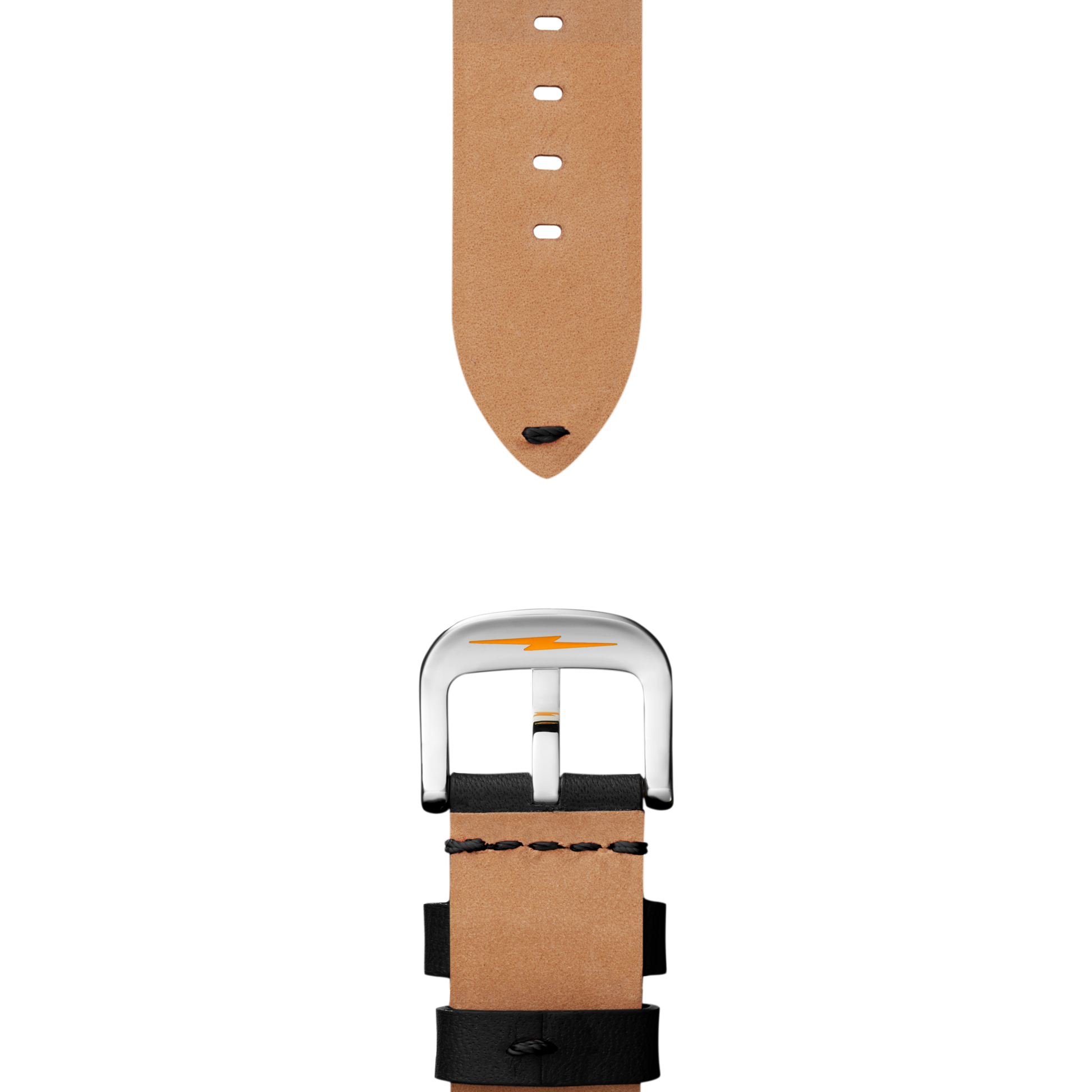 The 24mm Black Leather Watch Strap from Shinola features black leather with matching edges, punched holes on the pointed end, a silver buckle, and a lightning bolt symbol—perfect for pairing with your 47mm Runwell.