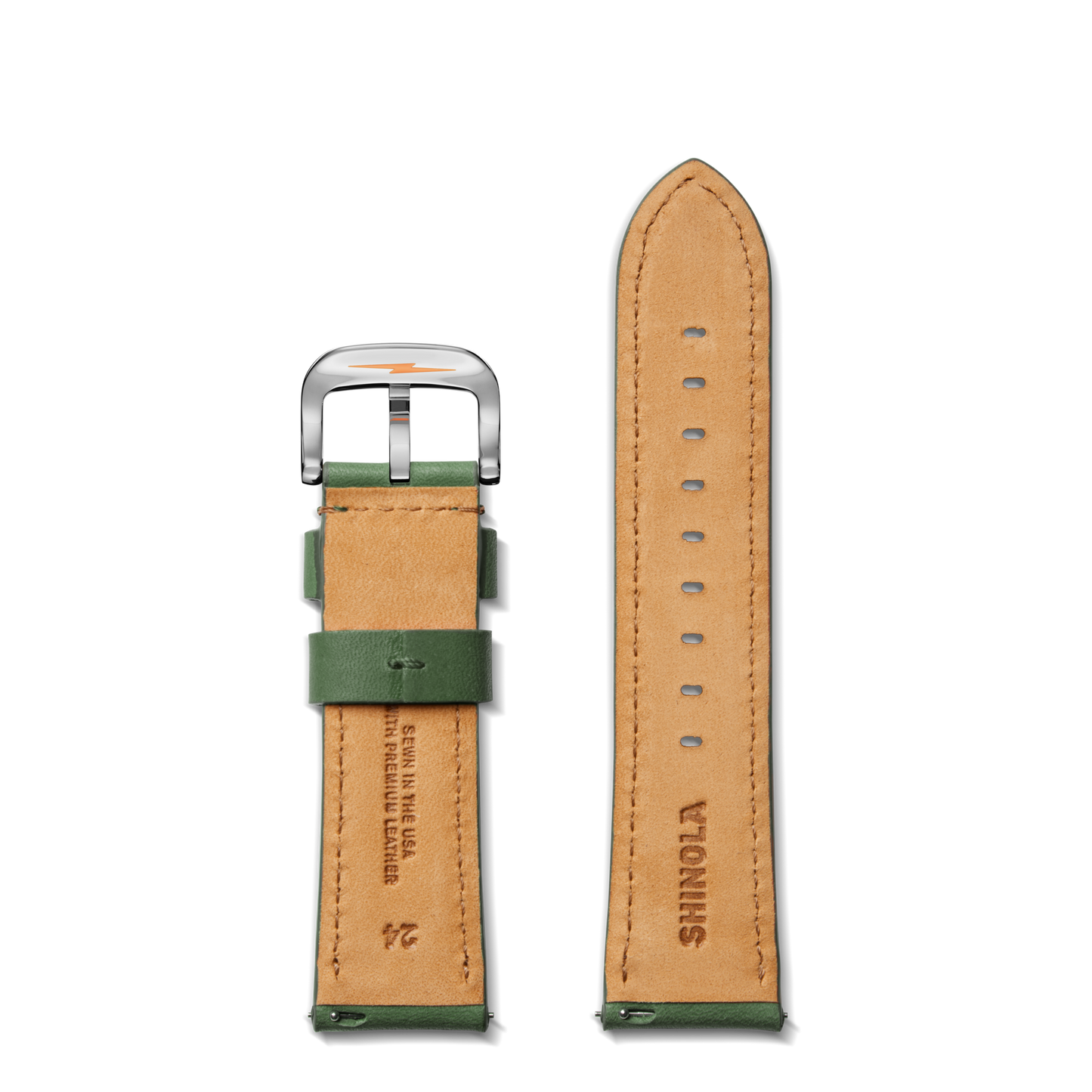 The Shinola 24mm Green Leather Watch Strap features green leather and a tan inner side with stamped branding and sizing, plus a silver buckle. Shown front and back on a white background. Designed for the Guardian 41.5mm.