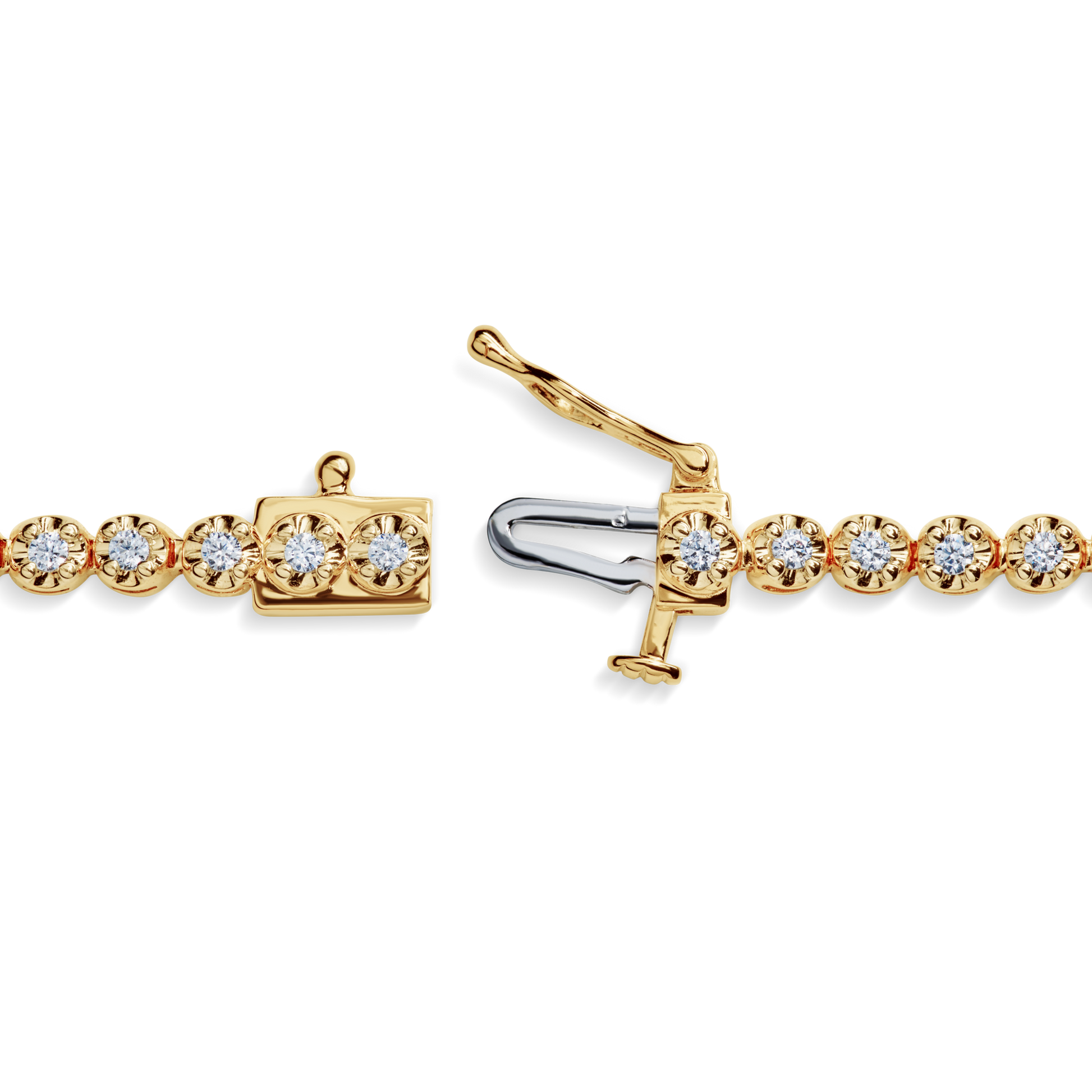 A close-up of the Shinola 1.84 Carat 6.5" Diamond Tennis Bracelet in yellow gold, featuring brilliant cut diamonds and an open box clasp, with both ends visible against a white background.