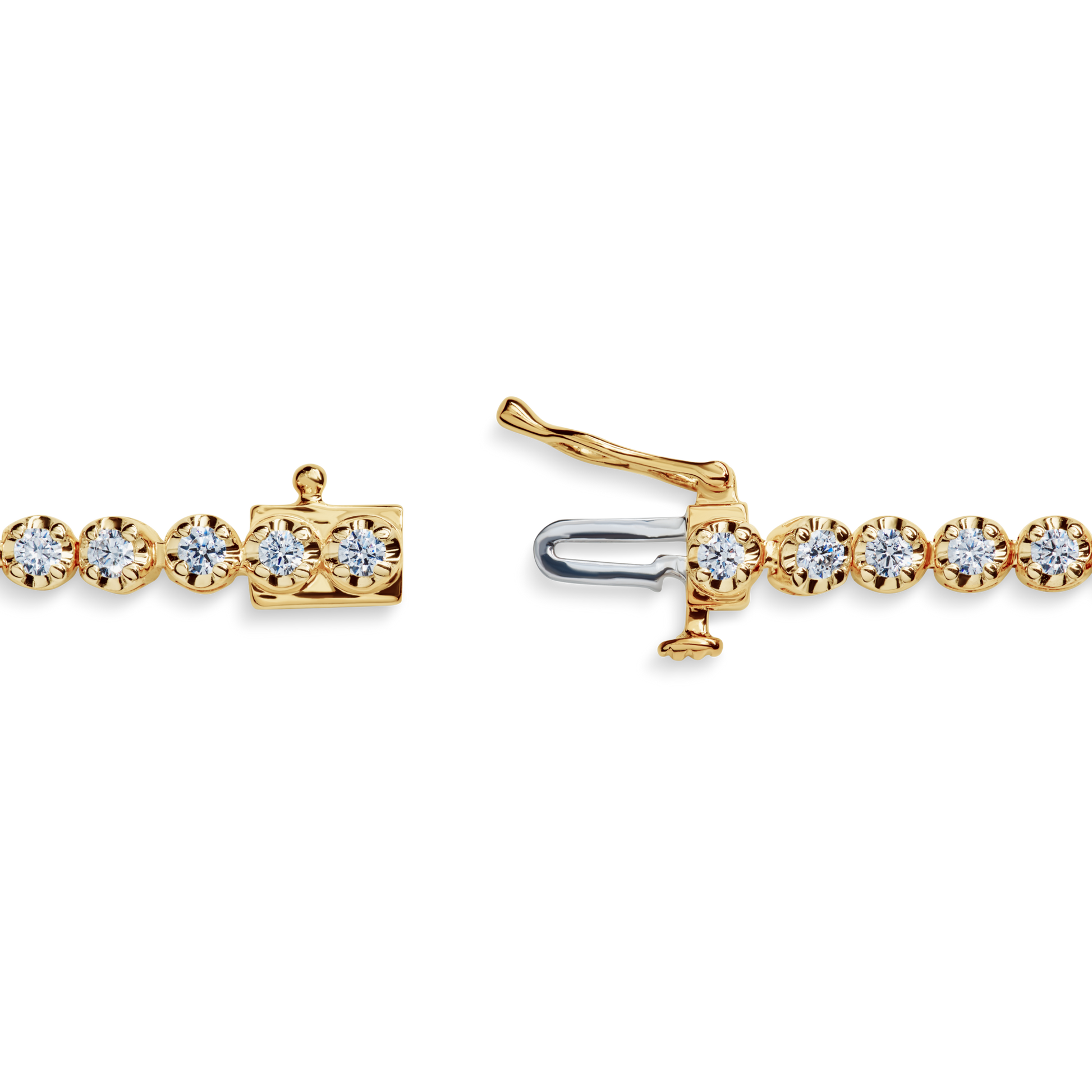 The Shinola 2 Carat 7" Diamond Tennis Bracelet in Yellow Gold features sparkling round diamonds and a secure clasp, elegantly highlighted with its open fastening mechanism.