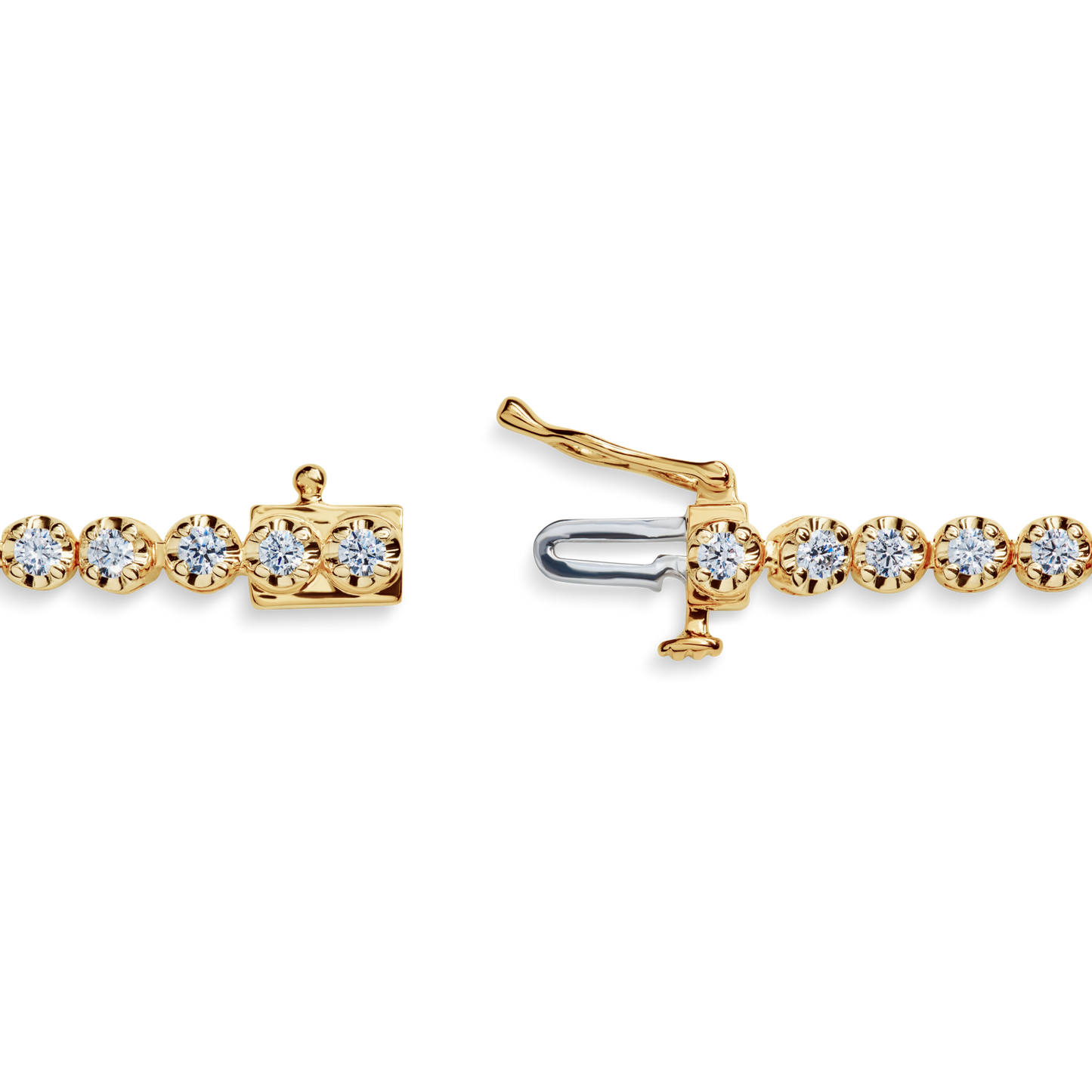 A close-up of the Shinola 1.84 Carat 6.5" Diamond Tennis Bracelet in yellow gold, with round Brilliant Cut Diamonds and a box clasp closure, shown slightly open on a white background.