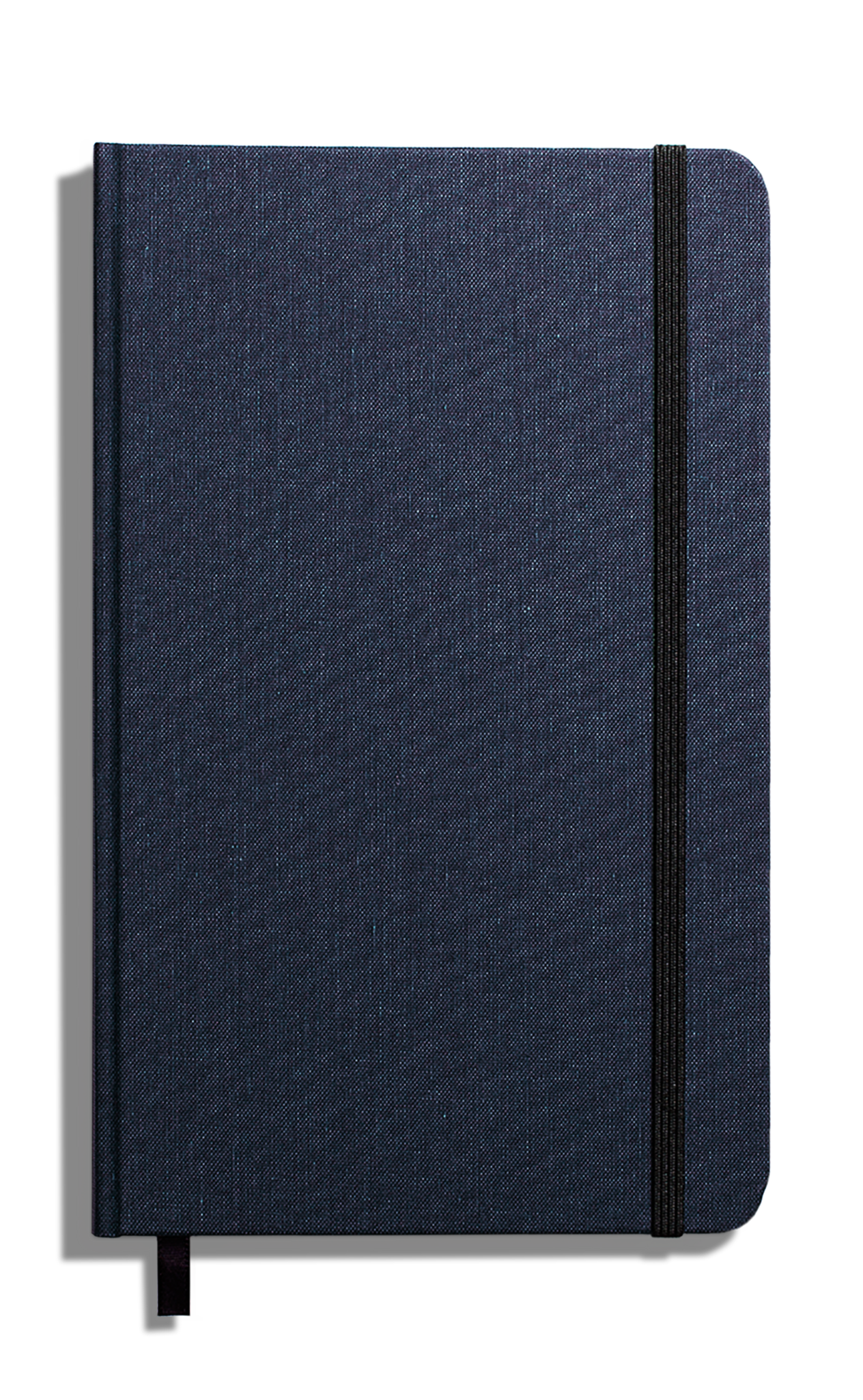 The Shinola Medium Hard Ruled Journal in navy features a closed hard linen cover, black elastic band at the right edge, and a purple ribbon bookmark visible at the bottom, displayed on a white background.