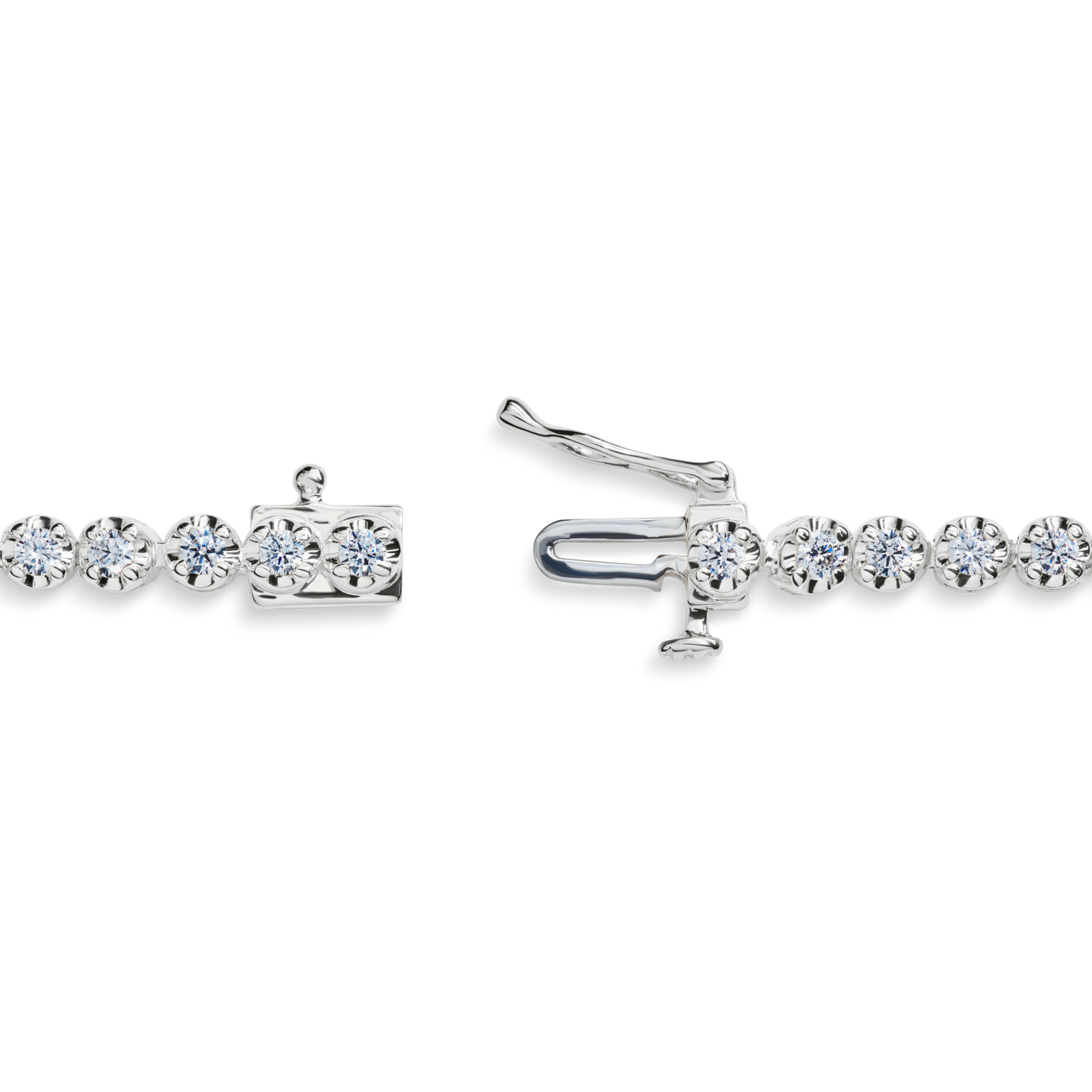Close-up of the Shinola 1.84 Carat 6.5" Diamond Tennis Bracelet in white gold, featuring brilliant cut diamonds and a partially open clasp, displayed on a white background.