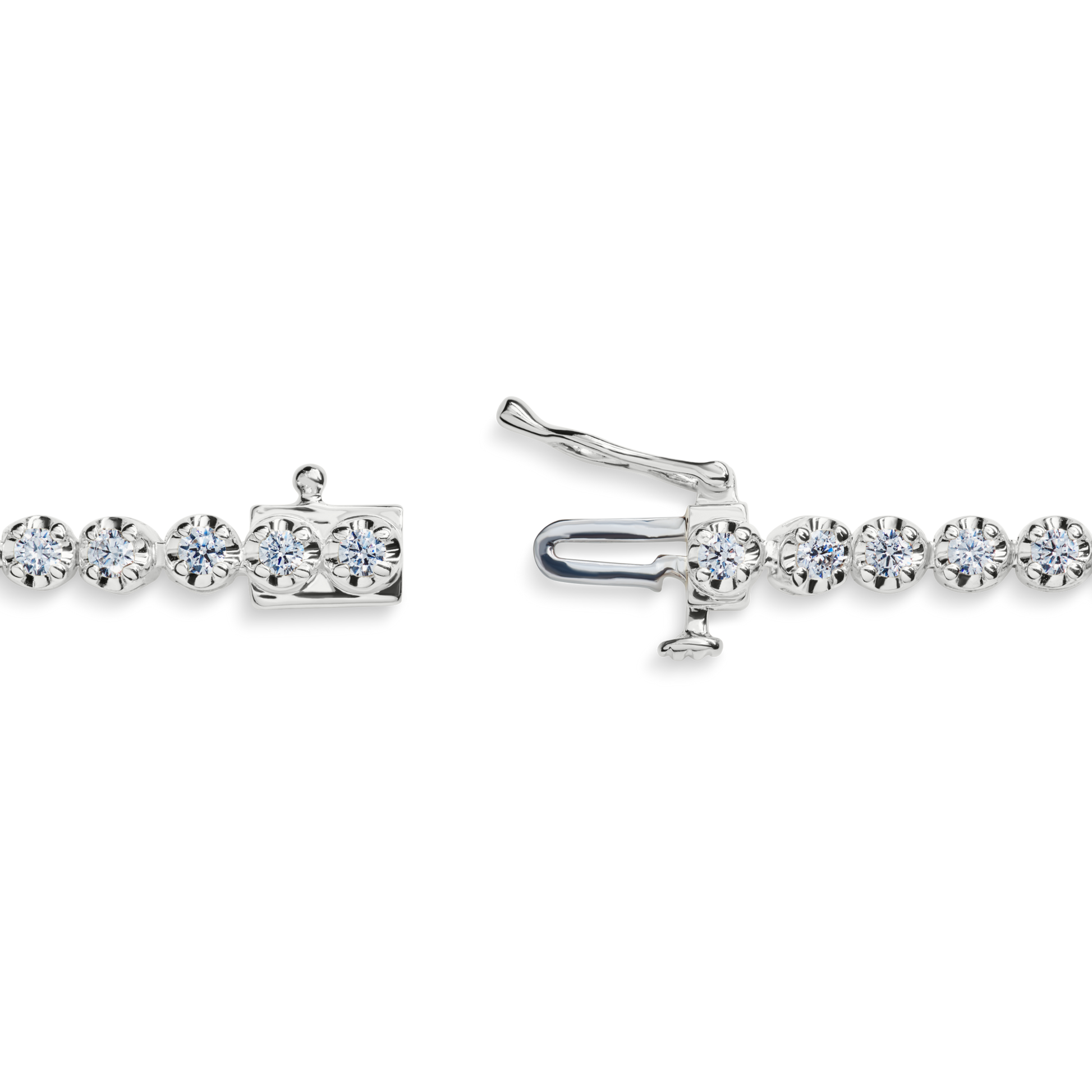 Close-up of the Shinola 1.84 Carat 6.5" Diamond Tennis Bracelet in white gold, featuring brilliant cut diamonds and a partially open clasp, displayed on a white background.