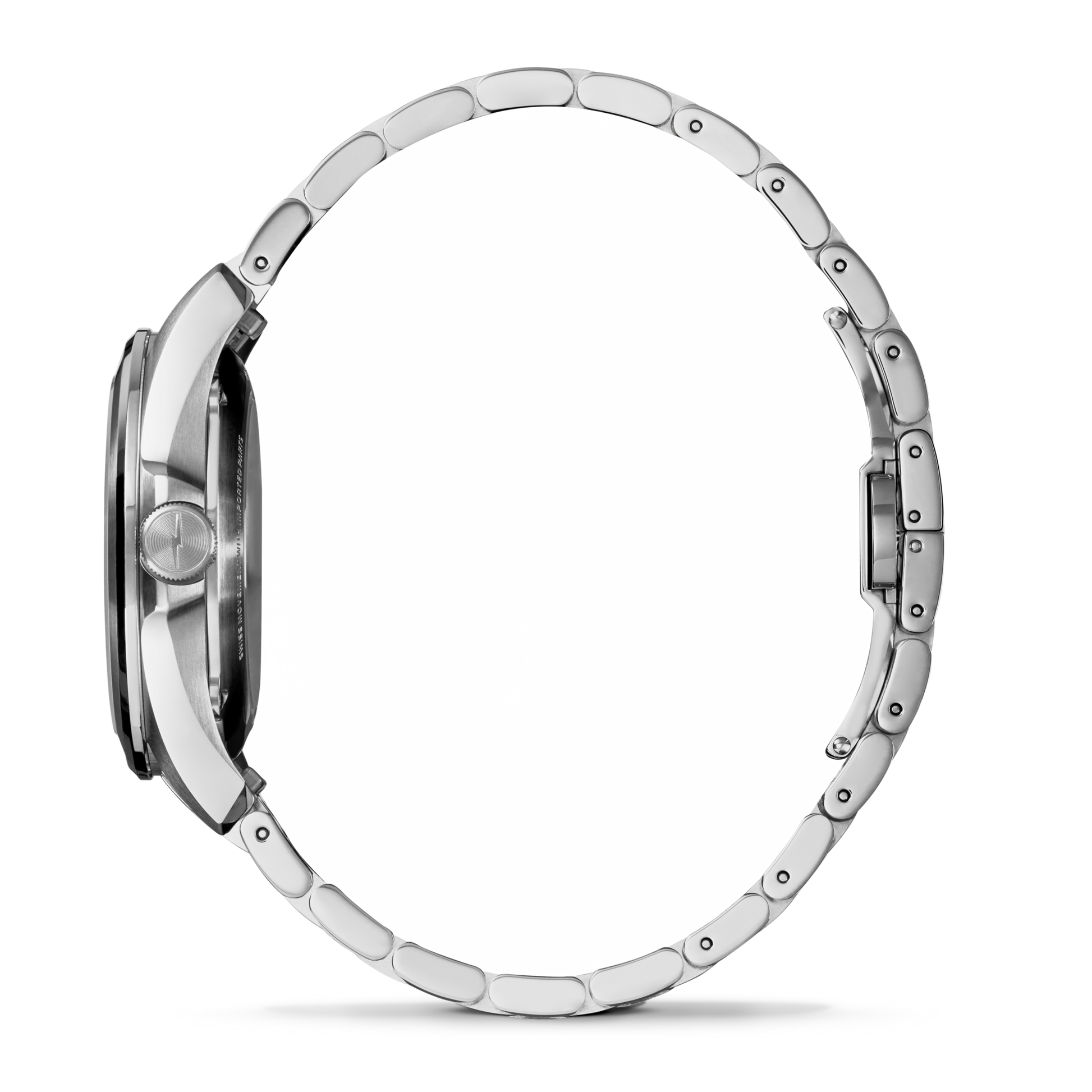 A side view of the Shinola Circadian Monster Automatic Watch - Daylight Blue with a silver linked metal band, round face, visible crown and clasp, Swiss-made movement, shown against a plain white background.
