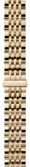 Close-up of the Shinola 14mm Gold 7-Link Bracelet, PVD gold finish, with a rectangular link pattern featuring alternating polished surfaces and small black accents between the links.