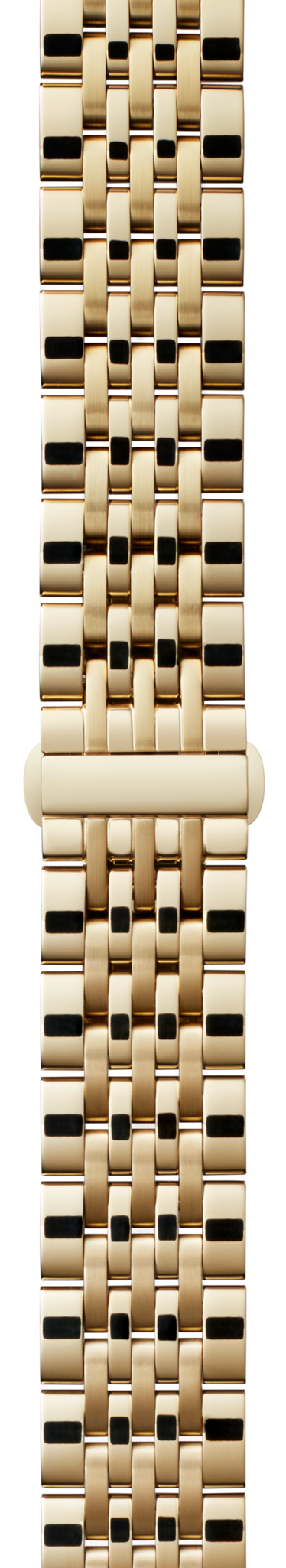 Close-up of the Shinola 14mm Gold 7-Link Bracelet, PVD gold finish, with a rectangular link pattern featuring alternating polished surfaces and small black accents between the links.