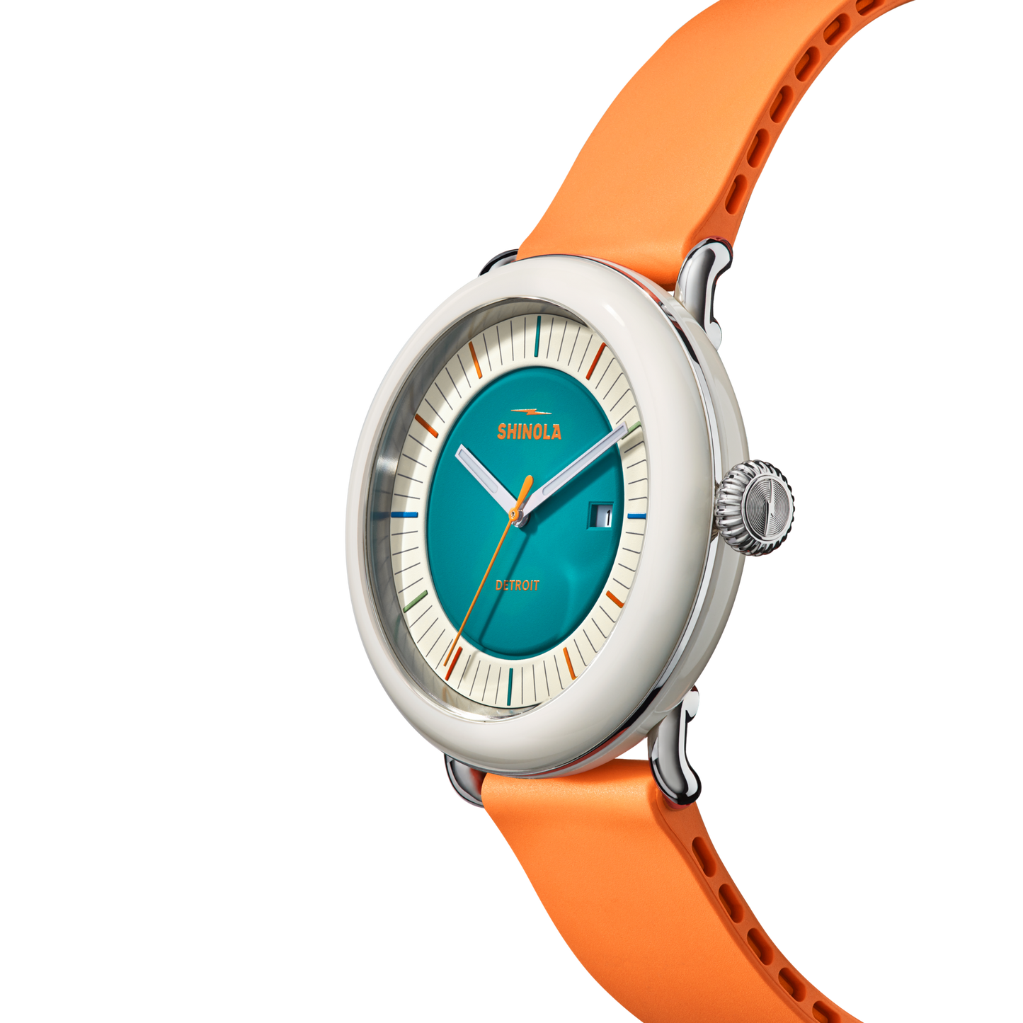 The Shinola Detrola Watch - Aqua Green is a stylish wristwatch featuring an aqua green strap, a white bezel, and blue face with the Shinola name. White hour markers, orange hands, and a teal second hand give it an art-inspired, modern look.