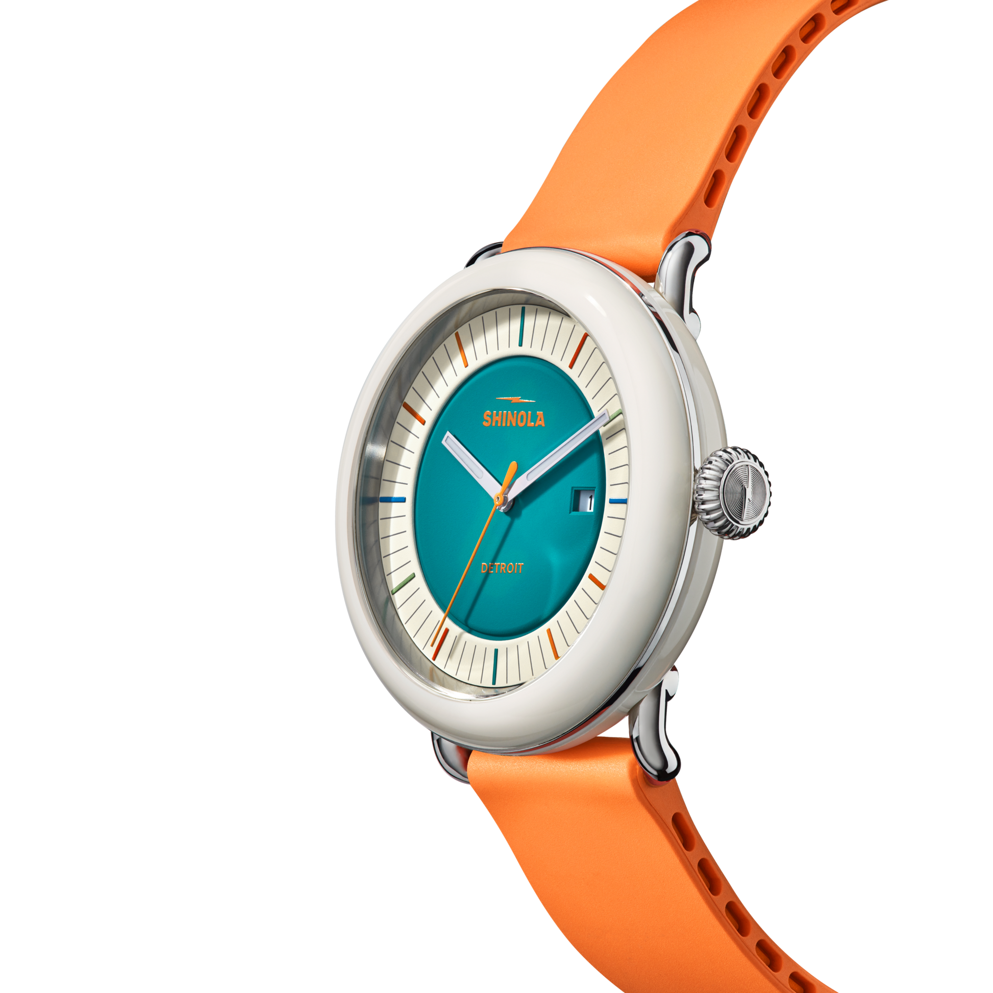 The Shinola Detrola Watch - Aqua Green is a stylish wristwatch featuring an aqua green strap, a white bezel, and blue face with the Shinola name. White hour markers, orange hands, and a teal second hand give it an art-inspired, modern look.
