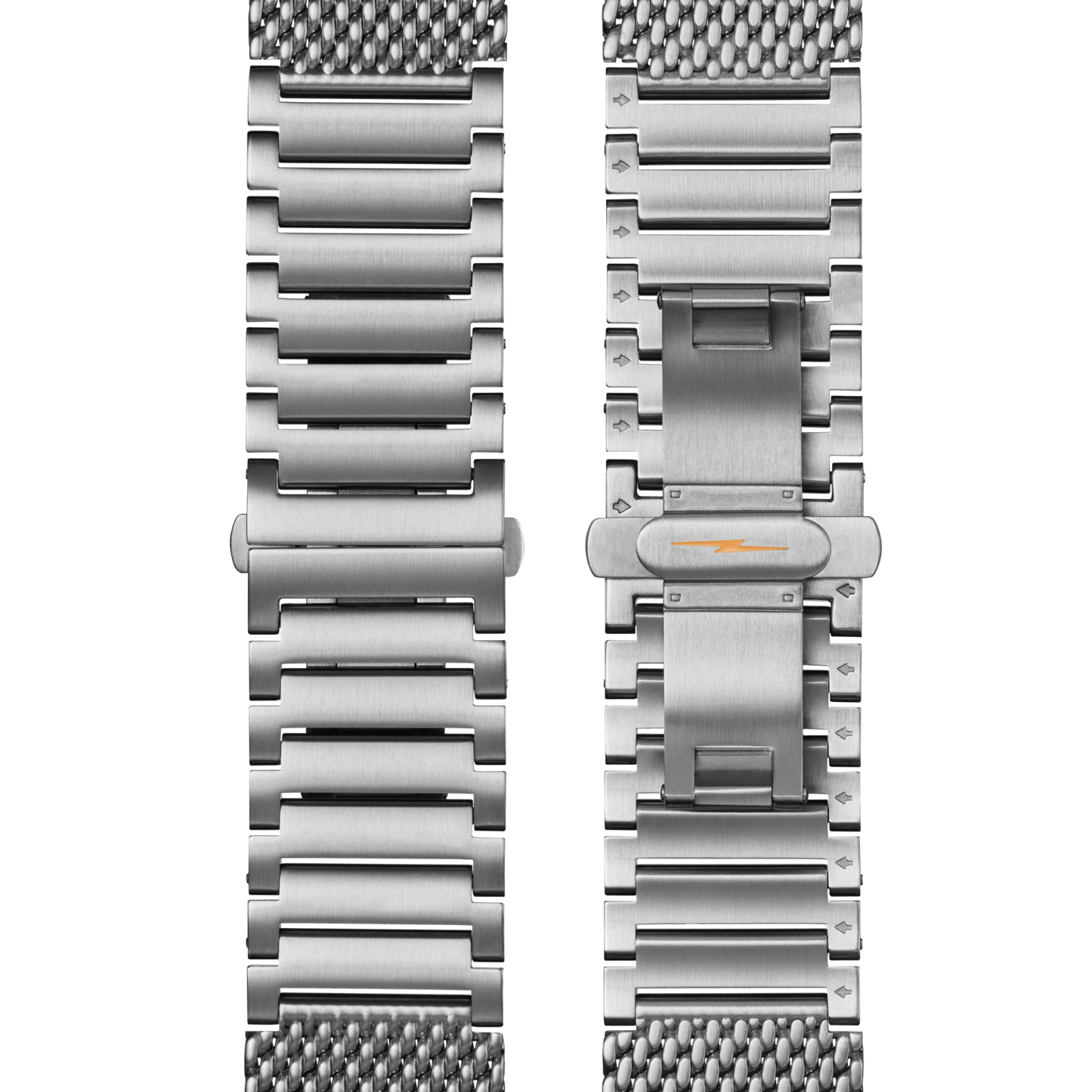Two Shinola QR Bracelet: 22\20 Universal Mesh, Butterfly A, BrSS watch bands shown side by side—front with wide, flat links, back with a clasp and yellow lightning bolt. Both feature stainless steel construction and mesh-style edges.