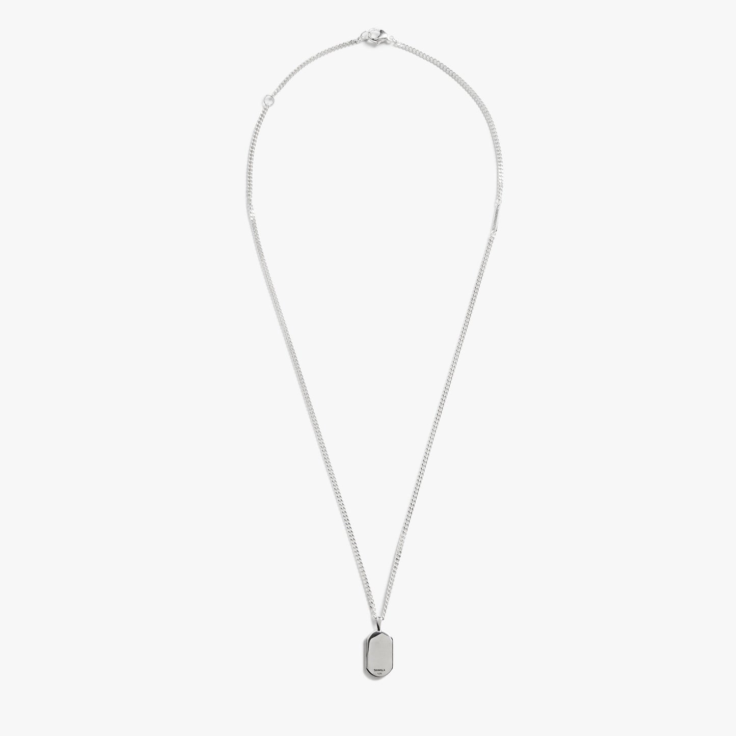 The Shinola Onyx Tag Necklace - Sterling Silver features a small rectangular pendant at the center, shown against a plain white background.