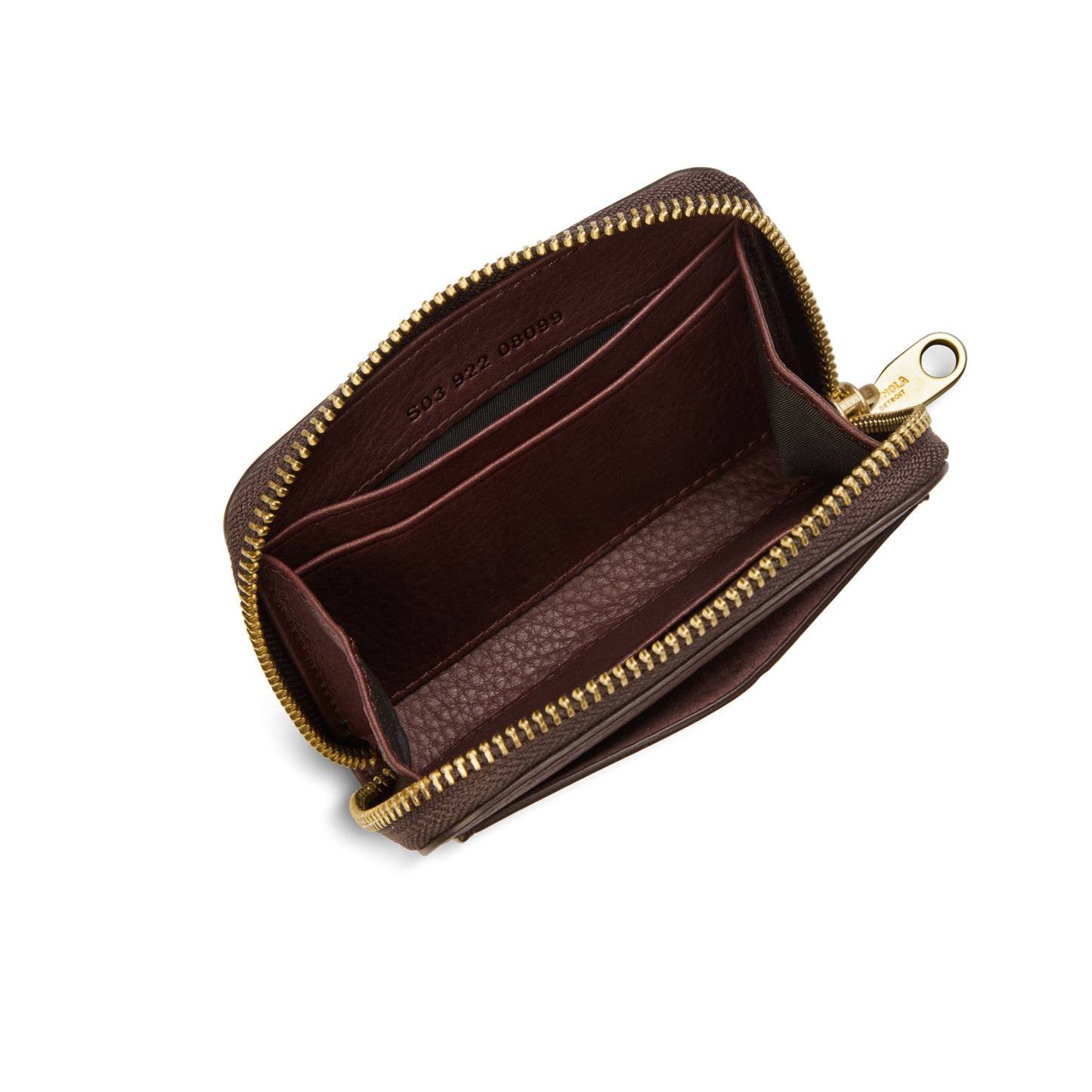The Shinola Pocket Small Zip Around Wallet in Merlot leather features a gold zipper, two inner compartments, card slots, and a matching interior lining with embossed numbers.