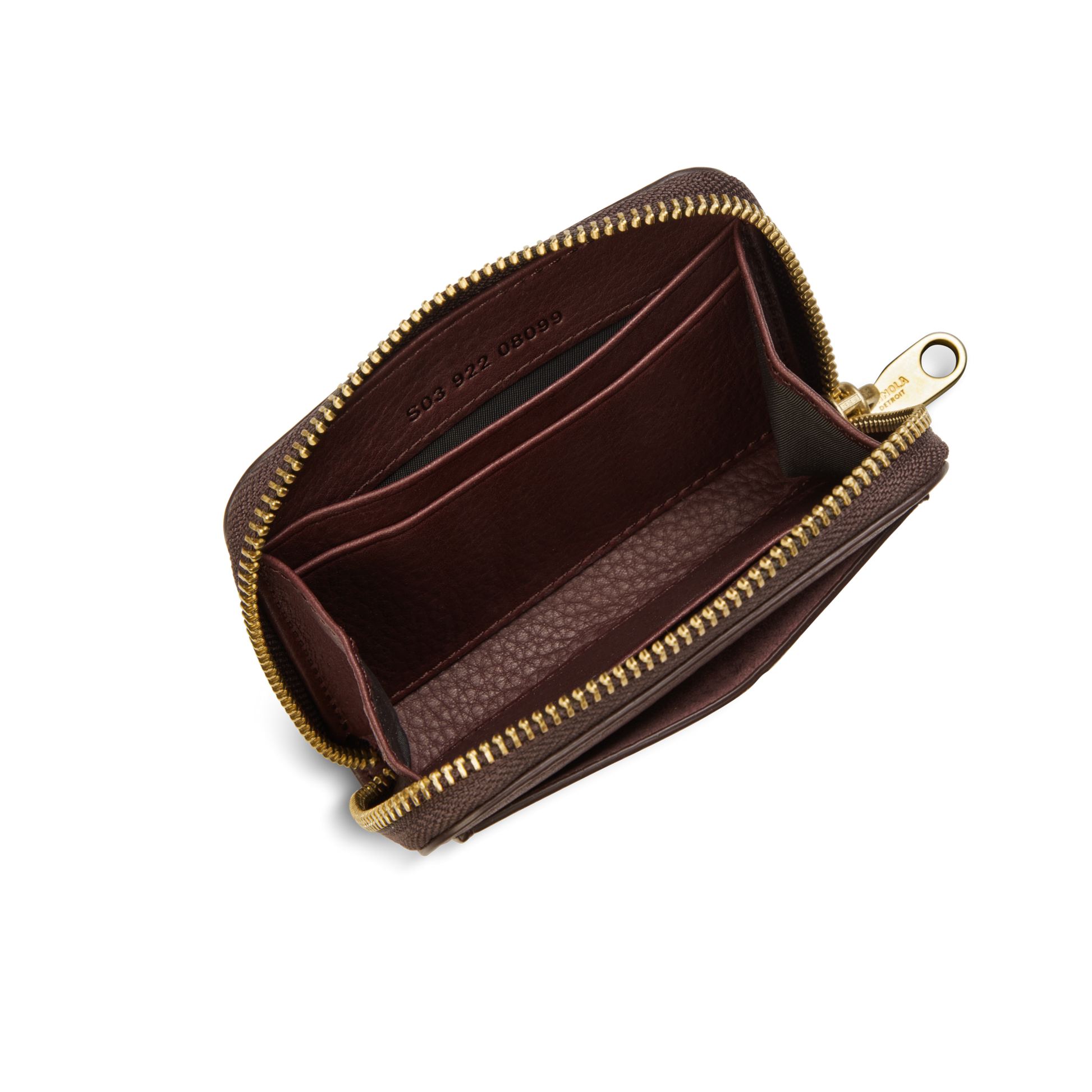 The Shinola Pocket Small Zip Around Wallet in Merlot leather features a gold zipper, two inner compartments, card slots, and a matching interior lining with embossed numbers.