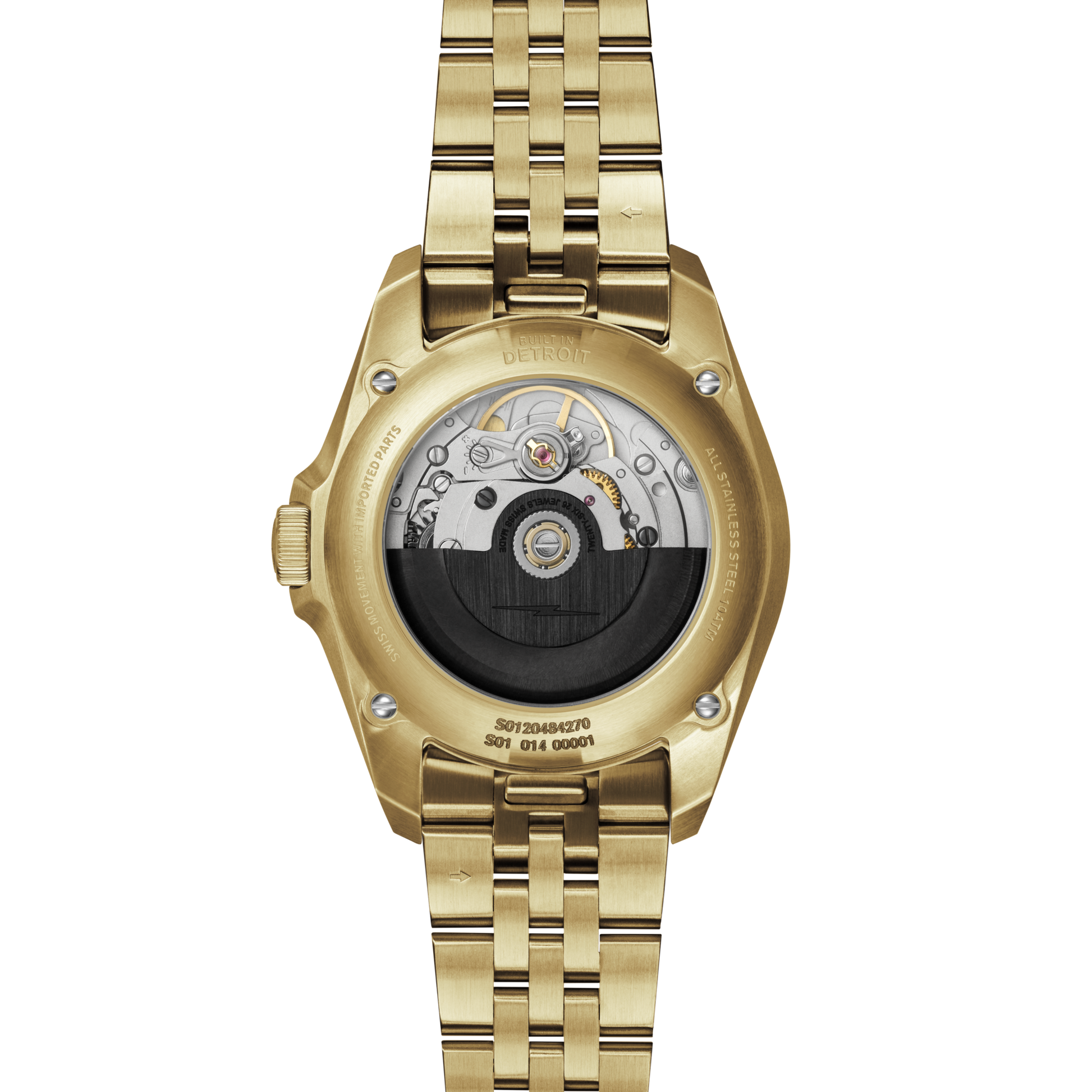 The Shinola Circadian Monster Automatic Watch - Mother of Pearl Diamond features a transparent case back revealing its automatic movement, visible intricate gears, and metal bracelet—Detroit and serial numbers engraved on an elegant timepiece.