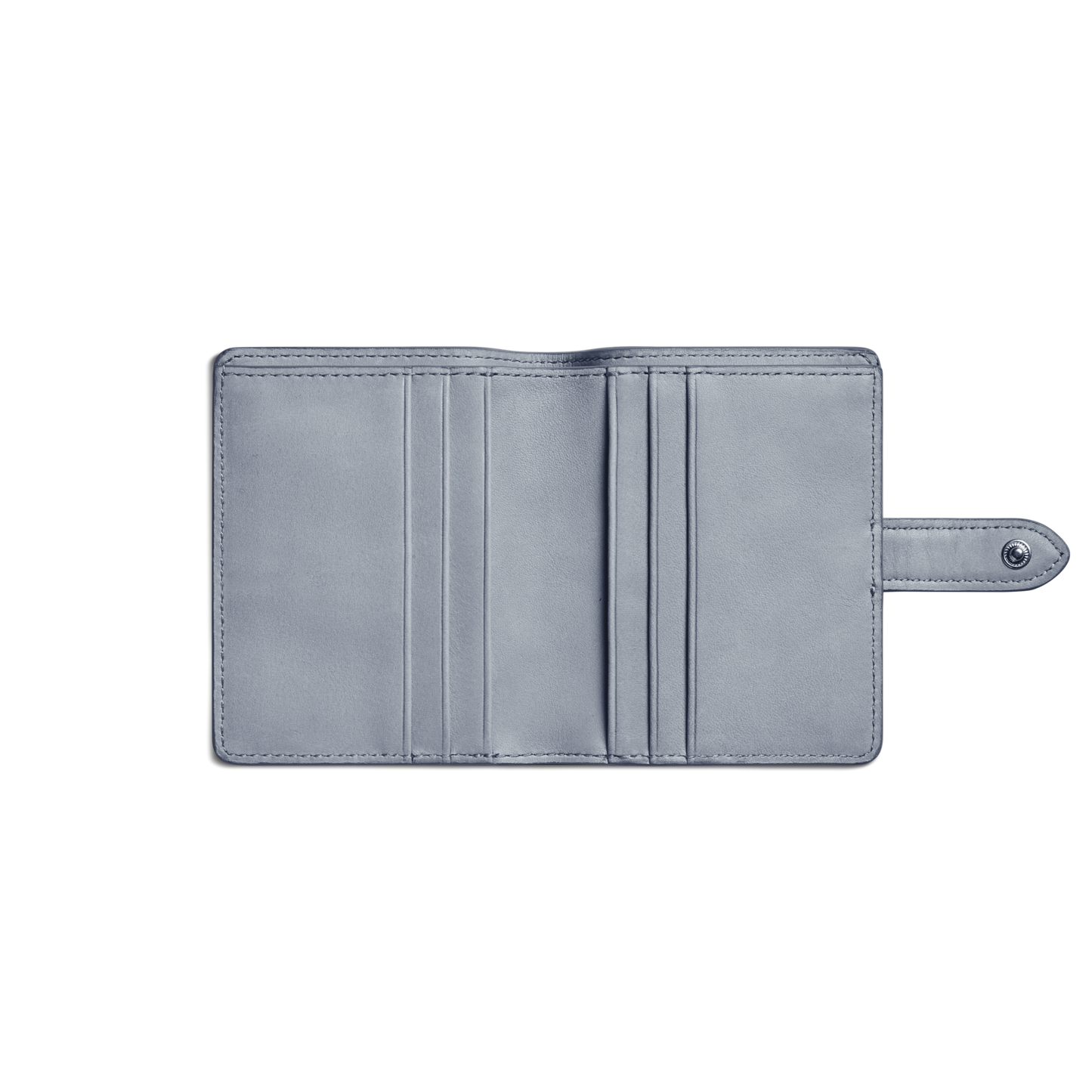 The Shinola Small Snap Wallet - Mist is a light gray, compact wallet in smooth material, shown open with three card slots per side and a snap button closure tab on the right.