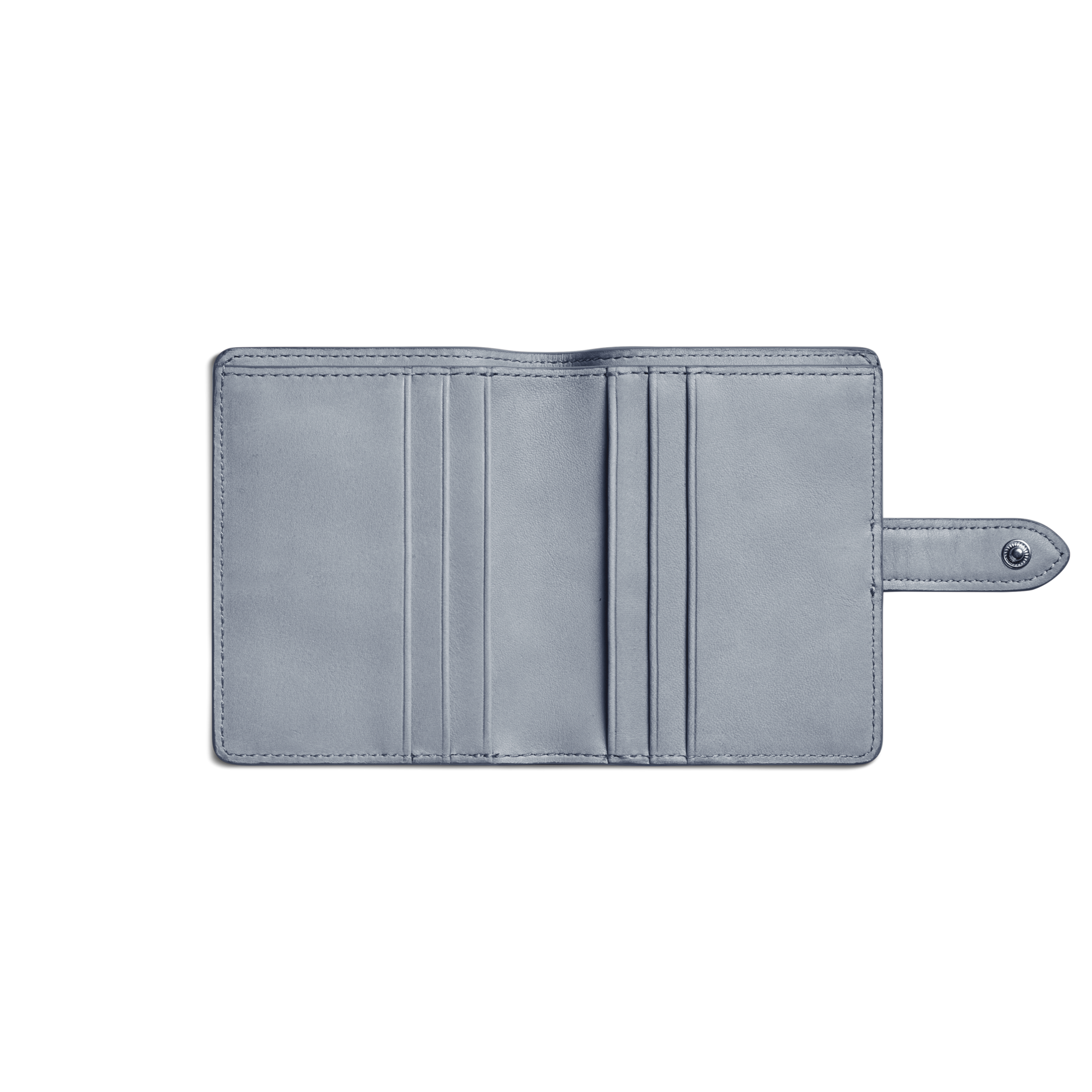 The Shinola Small Snap Wallet - Mist is a light gray, compact wallet in smooth material, shown open with three card slots per side and a snap button closure tab on the right.